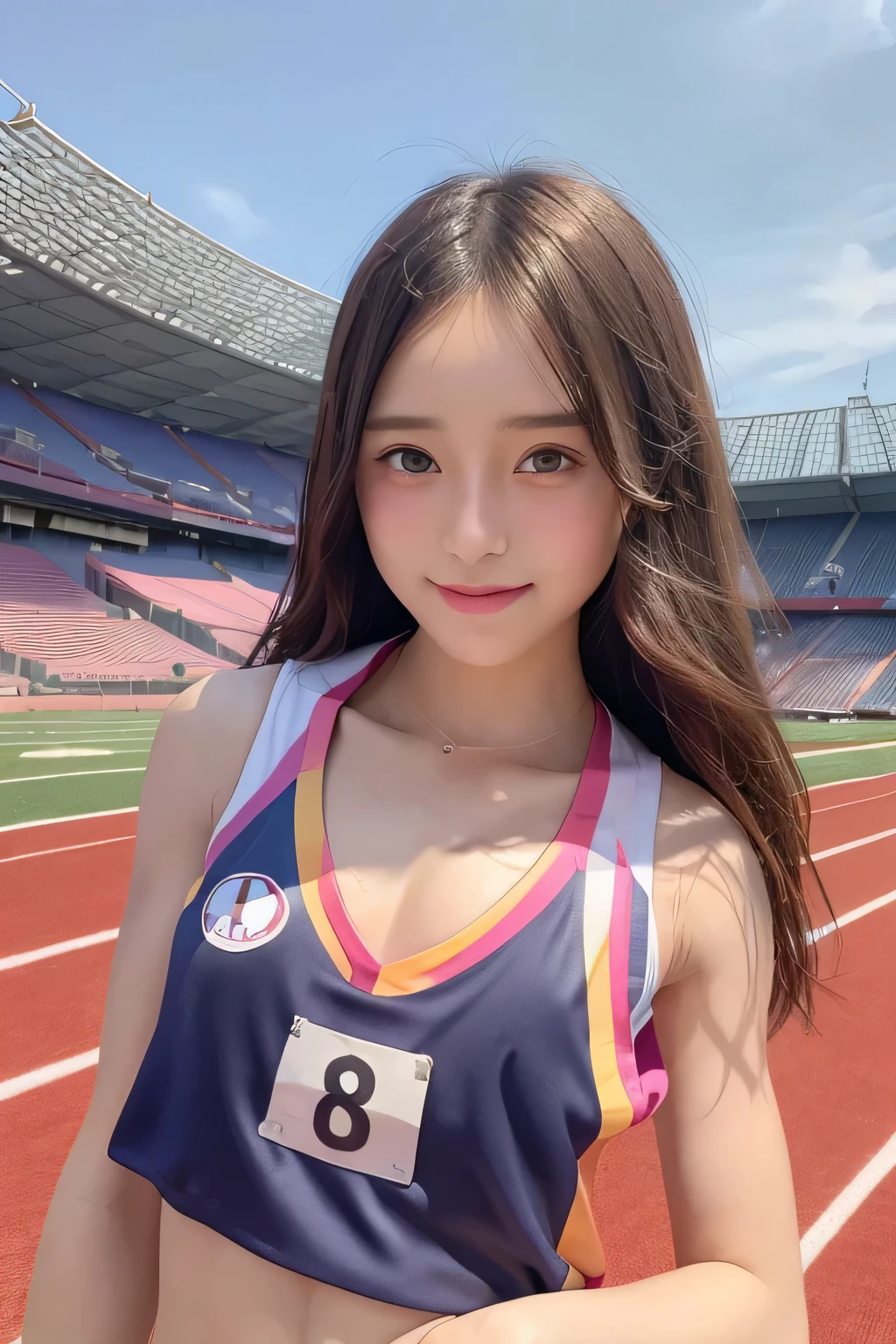 pieces fly、masterpiece、highest quality、Super detailed、High resolution、High resolution、8K portrait、unity 8k wallpaper、Detailed CG、unity 8k wallpaper、Detailed CGユニティ8kの壁紙、realistic、real person、portrait photography、shiny skin、(:1.2)、(cute:1.2)、High resolution、beautiful clear eyes、very detailed explanation、delicate face、cute face、nice lips、thin waist、thin legs、1 girl、(athletics stadium:1.5)、(flat chest:1.7)、(colorful sleeveless track and field uniform:1.5)、(abs:1.3)、(Swelling of the nipples:1.3)、(smile)、(wavy hair)、stop temporarily