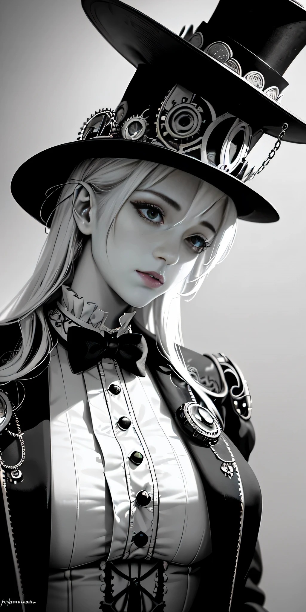 all intricate details: "(20 years old, white Steampunk Victorian top hat, Natural side lighting, black and white contrast, random view)"