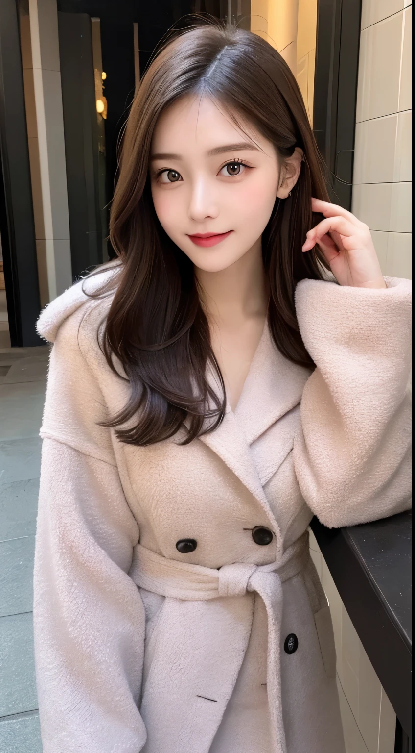 table top, highest quality, shape, Super detailed, finely, High resolution, 8k wallpaper, 完璧なダイナミックな構shape, beautiful and detailed eyes, winter dress,medium hair, small breasts, natural color lip, random sexy pose,smile,big city、20 year old girl、midnight、beautiful and detailed face、perfect and beautiful face,Big eyes、RAW photo、spread your arms and legs wide、Express your best mood with your whole body、beautiful and detailed eyes、small face、beautiful duplex、slim face and style,luxury brand mink coat