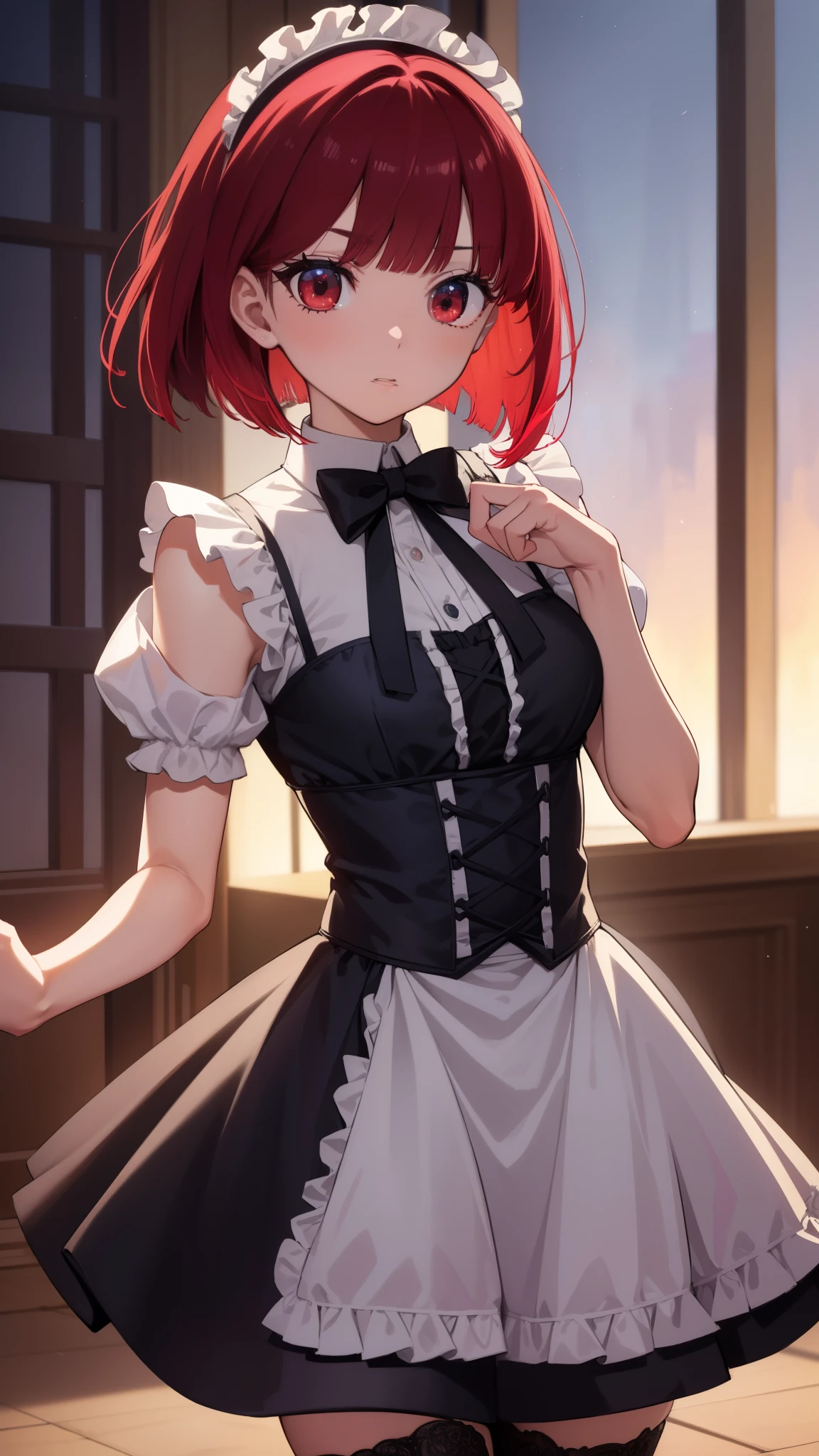 Arima maybe, Arima maybe, bob cut, (red eyes:1.5), redhead, short hair, , Maid clothes,ruffle skirt,Gothic ta,hair in the wind,garter belt、thighs,
break looking at viewer,
break indoors, mansion,
break (masterpiece:1.2), highest quality, High resolution, unity 8k wallpaper, (shape:0.8), (beautiful and detailed eyes:1.6), highly detailed face, perfect lighting, Very detailed CG, (perfect hands, perfect anatomy),