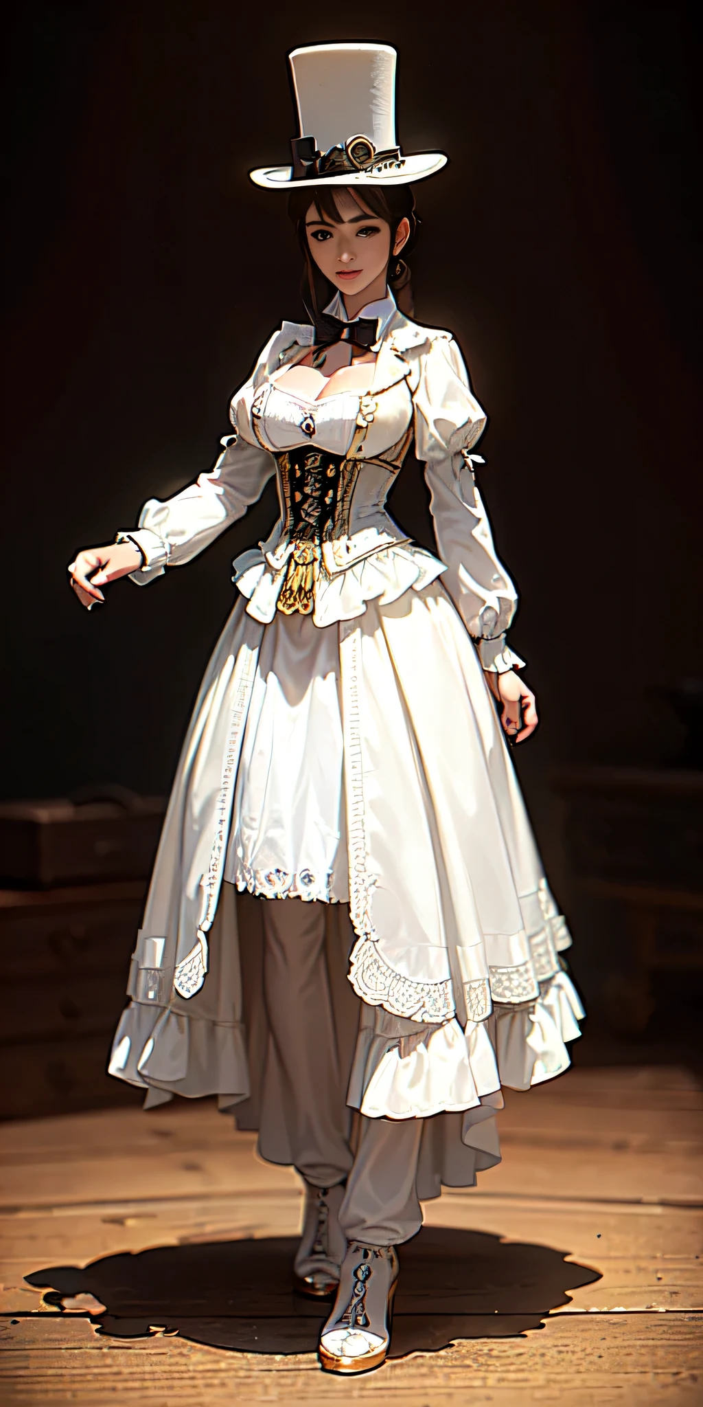 all intricate details: "(full body, 20 years old, white Steampunk Victorian top hat, Natural side lighting, higth contrast, random view)"