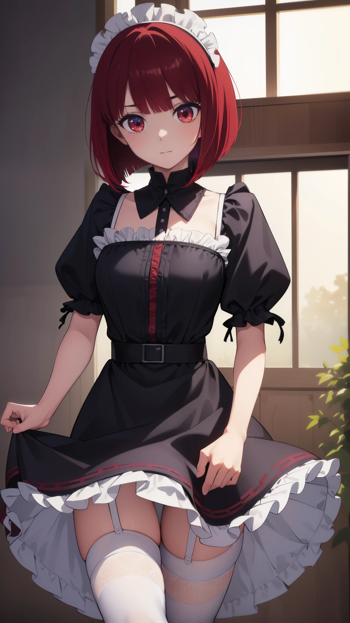 Arima maybe, Arima maybe, bob cut, (red eyes:1.5), redhead, short hair, , Maid clothes,ruffle skirt,Gothic ta,hair in the wind,garter belt、thighs,knee high socks,
break looking at viewer,
break indoors, mansion,
break (masterpiece:1.2), highest quality, High resolution, unity 8k wallpaper, (shape:0.8), (beautiful and detailed eyes:1.6), highly detailed face, perfect lighting, Very detailed CG, (perfect hands, perfect anatomy),