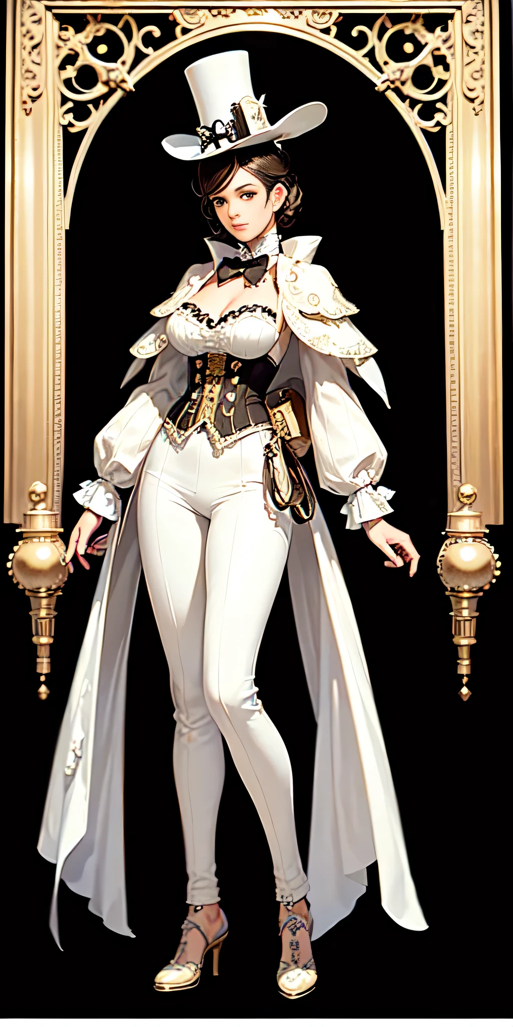 all intricate details: "(full body, 20 years old, white Steampunk Victorian top hat, Natural side lighting, higth contrast, random view)"