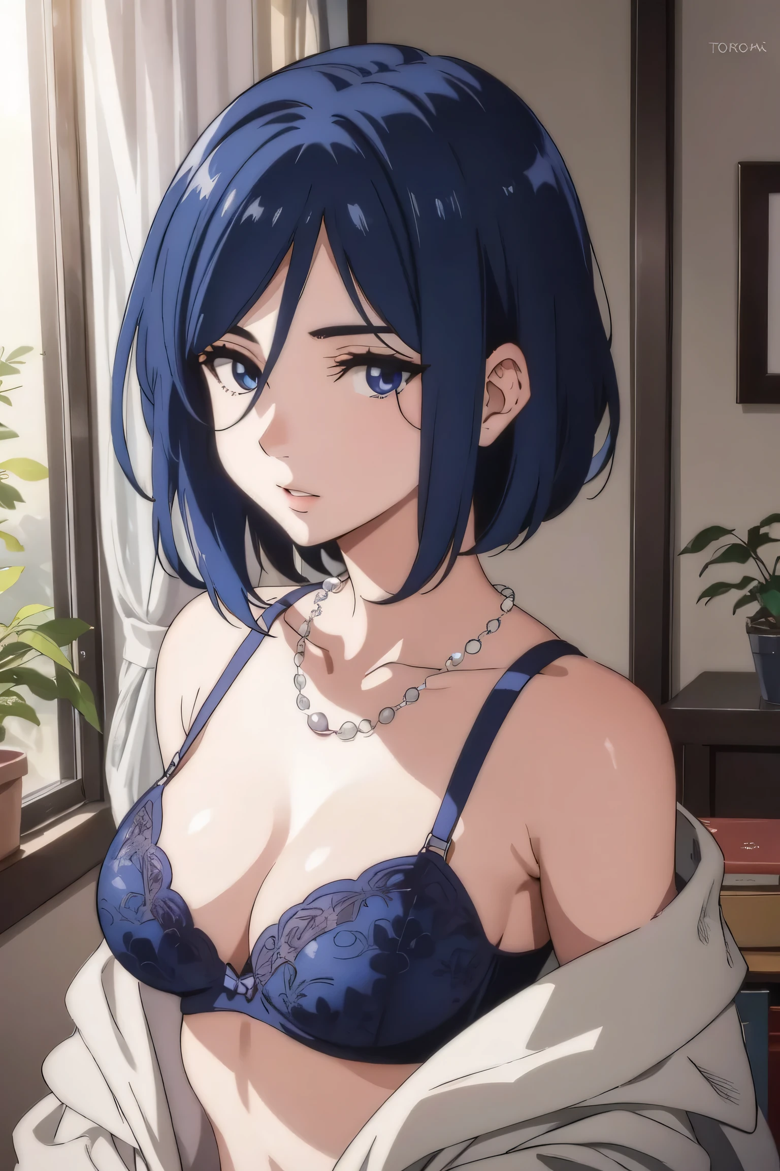 1girl, izumi_nase, blue hair, short hair, purple eyes, jewelry,pearl necklace,
BREAK wearing cute bra,
BREAK looking at viewer, show off breasts, take off clothes and show off breasts, chest protruding pose, 
BREAK indoors,
BREAK (masterpiece:1.2), best quality, high resolution, unity 8k wallpaper,NSFW ,(illustration:0.8), (beautiful detailed eyes:1.6), extremely detailed face, perfect lighting, extremely detailed CG, (perfect hands, perfect anatomy),