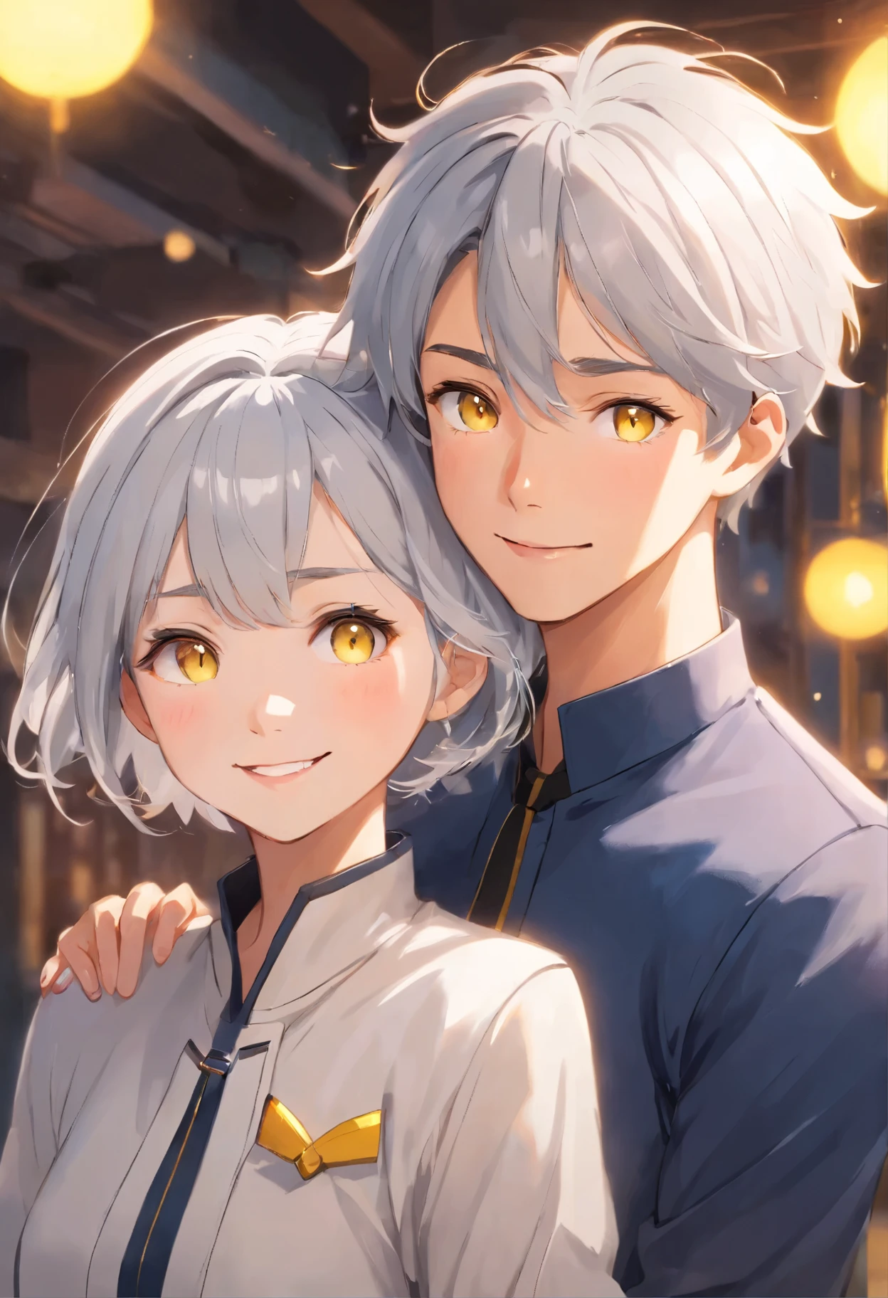 A fascinating realistic fantasy portrait (a duet of a guy and a girl) of a charismatic young man aged 26 with light gray (white) hair that radically emphasizes his charming smile and cheerful look. His short haircut gives a playful touch, as strands of hair stick out in different directions on his head. His piercing gaze is accentuated by the yellow shade of his eyes, radiating an aura of intensity and concentration and a young girl aged 23 with light gray (white) hair, which radically emphasizes her charming smile and cheerful look. Her short haircut adds a playful touch as strands of hair fall in curls on her head. Her piercing gaze is accentuated by the yellow shade of her eyes, radiating an aura. The guy is dressed in a strict three-piece suit consisting of a jacket and trousers. The girl is wearing a tight-fitting dress. The portrait remains crisp and dynamic, achieving an absolutely stunning level of detail at resolution. The portrait remains crisp and dynamic, achieving an absolutely stunning level of detail at 8k resolution. ,High definition, portrait, young guy, light gray hair, short haircut, yellow eyes, smiling, crown, young woman dark hair, re