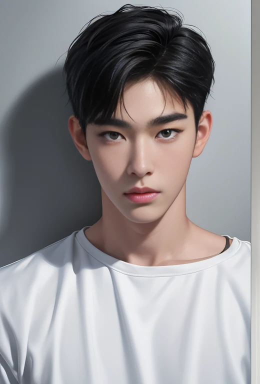 High quality, masterpiece, highly detailed, 8k, perfect face, perfect body, realistic, photo realistic, man, Asian, 20 years old, black hair, short hair, handsome, detailed eyes, beautiful detailed nose, realistic body, realistic light, comfortable expressions, cute guy, sweat guy, cool guy, model style, full body, clean skin