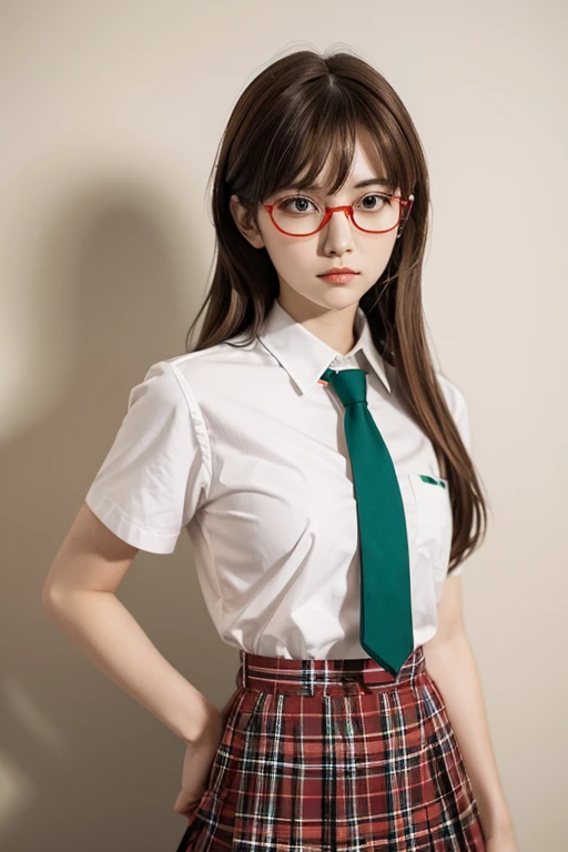 Mari Illustrious , neon genesis evangelion , small red glasses rectangle , brown hair ,red plaid skirt , White Short sleeve shirt , green tie , Tie hair on 2 sides