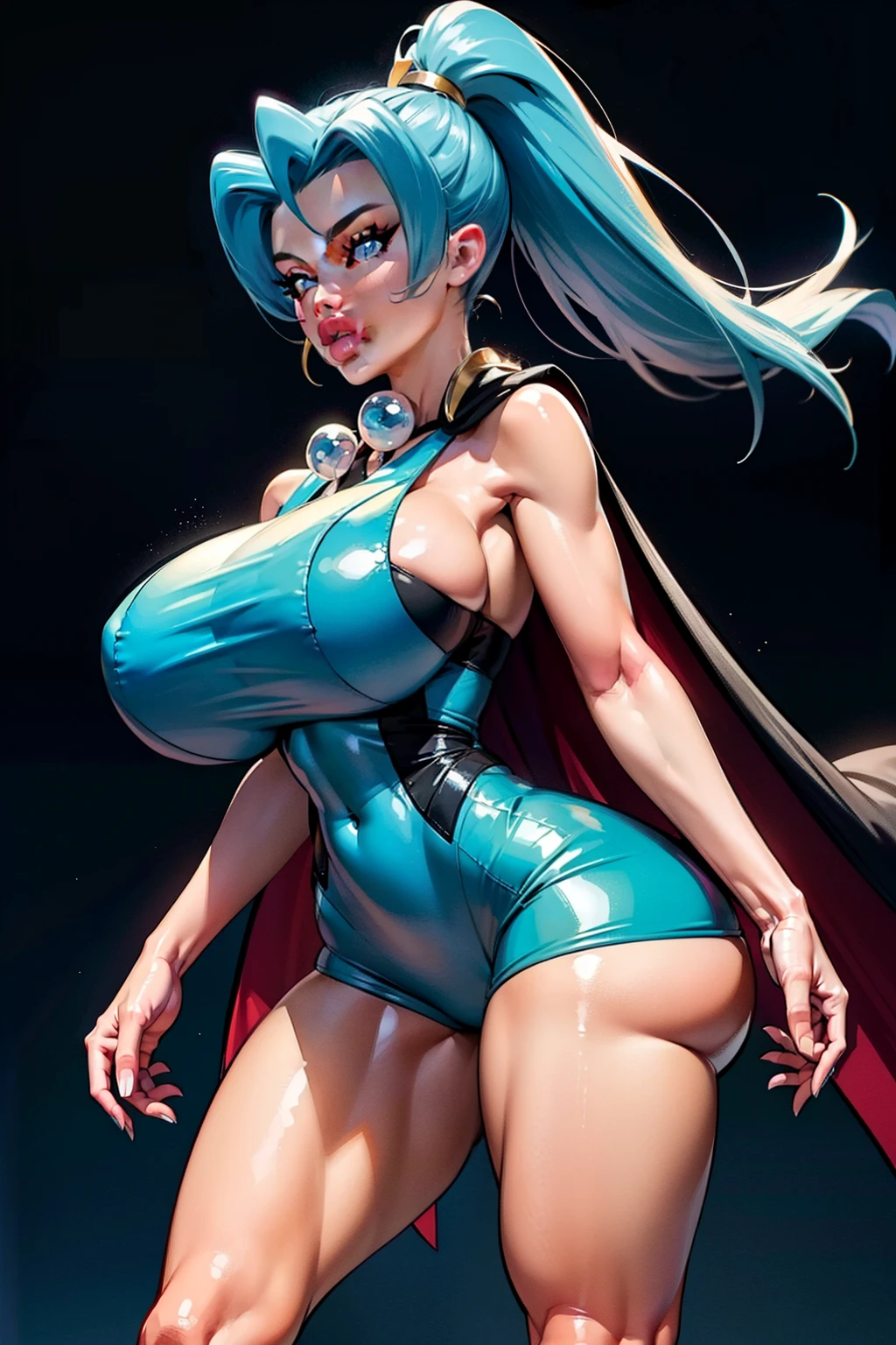 (aletta ocean face), Generate an illustration of a mature Clair, gym leader of pokemon,  ponytail, holding a poke all,  de terno preto, long hair, hair flows straight down, darkblue hair, (gigantic breasts:1.2), blue outfit in anime format with a serious style, (black cape), blue tights, blue boots, gothic make up, masterpiece, ((dark lighting)), black background, puffy lips,slendered abs, beautiful face,