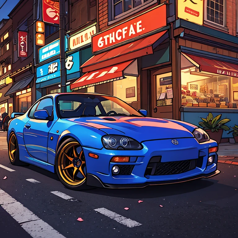 Masterpiece, 8k ,ultra-detailed, best quality, front view, colorful, Toyota Supra, in busy street of vintage shops and vintage restaurants in the background, perfect illumination and shadow. Very detailed car,