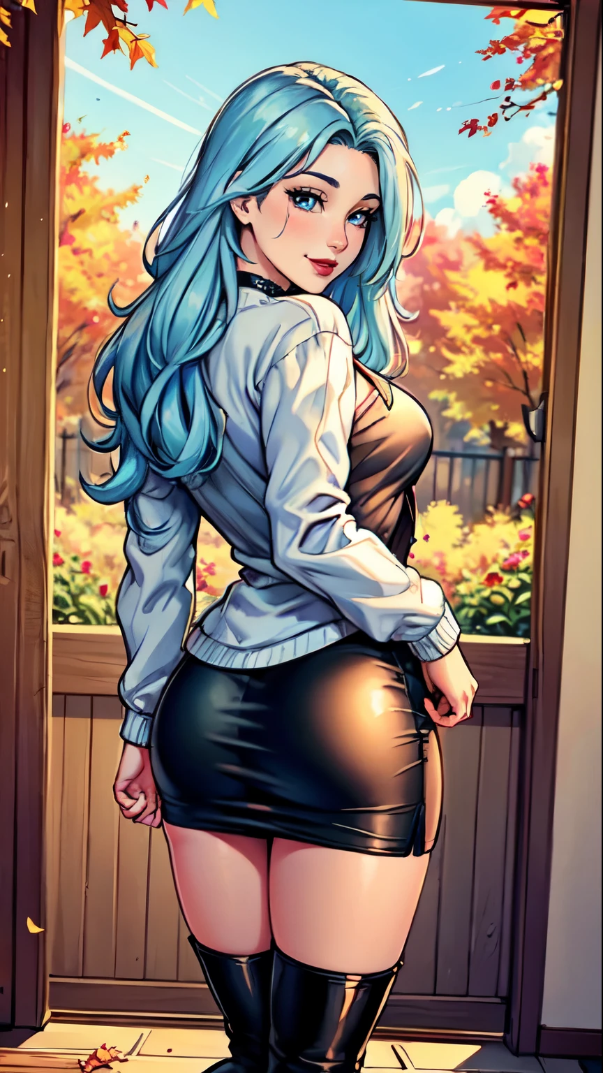 Masterpiece, raw,  beautiful art, professional artist, 8k, art style by sciamano240, very detailed face, very detailed hair, 1 woman, perfectly drawn body, beautiful face, long hair, light blue hair , very detailed blue eyes , rosey cheeks, intricate details in eyes, playful smile, looking directly at viewer , in love with viewer expression, black chocker, lipstick, wearing cute fall clothes, jacket, sweater, short pencil skirt, thigh boots, standing, sunny day fall setting, focus on feet, rear view, 