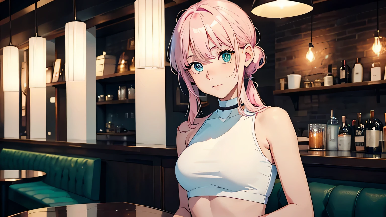 miyakoshikimori, miyako shikimori, Long Hair, blue eyes, Hair between the eyes, Pink Hair,ribbon, red ribbon,blush,smile,Open your mouth,Squint your eyes,black tank top shirt,Shorts,Sitting in a chair,There is food on the table,So that the whole body goes into the illustration,Resting one's chin on one's hand,
break looking at viewer,
break indoors, room,
break (masterpiece:1.2), Highest quality, High resolution, unity 8k wallpaper, (figure:0.8), (Beautiful attention to detail:1.6), Highly detailed face, Perfect lighting, Highly detailed CG, (Perfect hands, Perfect Anatomy),