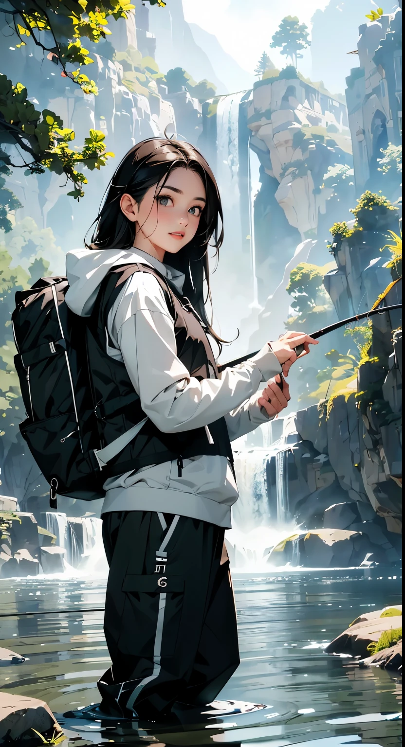 masterpiece、High resolution 8K、sharp focus、contrast lighting、ultra high resolution、ultra high resolution、Detailed CG、Low - Angle、full body shot、Beautiful woman、beautiful eyes、(detailed face and iace:1 2)、narrow eyes、almond eye、brown eyes、gradation eye、highlight:1.2)、(beautiful black hair、long hair、asymmetrical bangs、(plump lips、glossy lips、small chest size) 、(oval face : 1.4)、(thin fingered arms、detailed human hand)、川でWoman Fishing、Beautiful and wide river、Flowing waterfall、rock surface、moss、forest、Mont、blue sky、Flowing clouds、vapor、mist、full body pose、Holding a fishing rod in your hand、Fishing lure rod、Outdoor Vest、hoodie、Waders、Long pants for fishing、Big backpack)、Have a long fishing rod、Hold the fishing rod facing the water surface、Woman Fishing、naughty smile、teeth visible、Angle from the front、Standing in the river