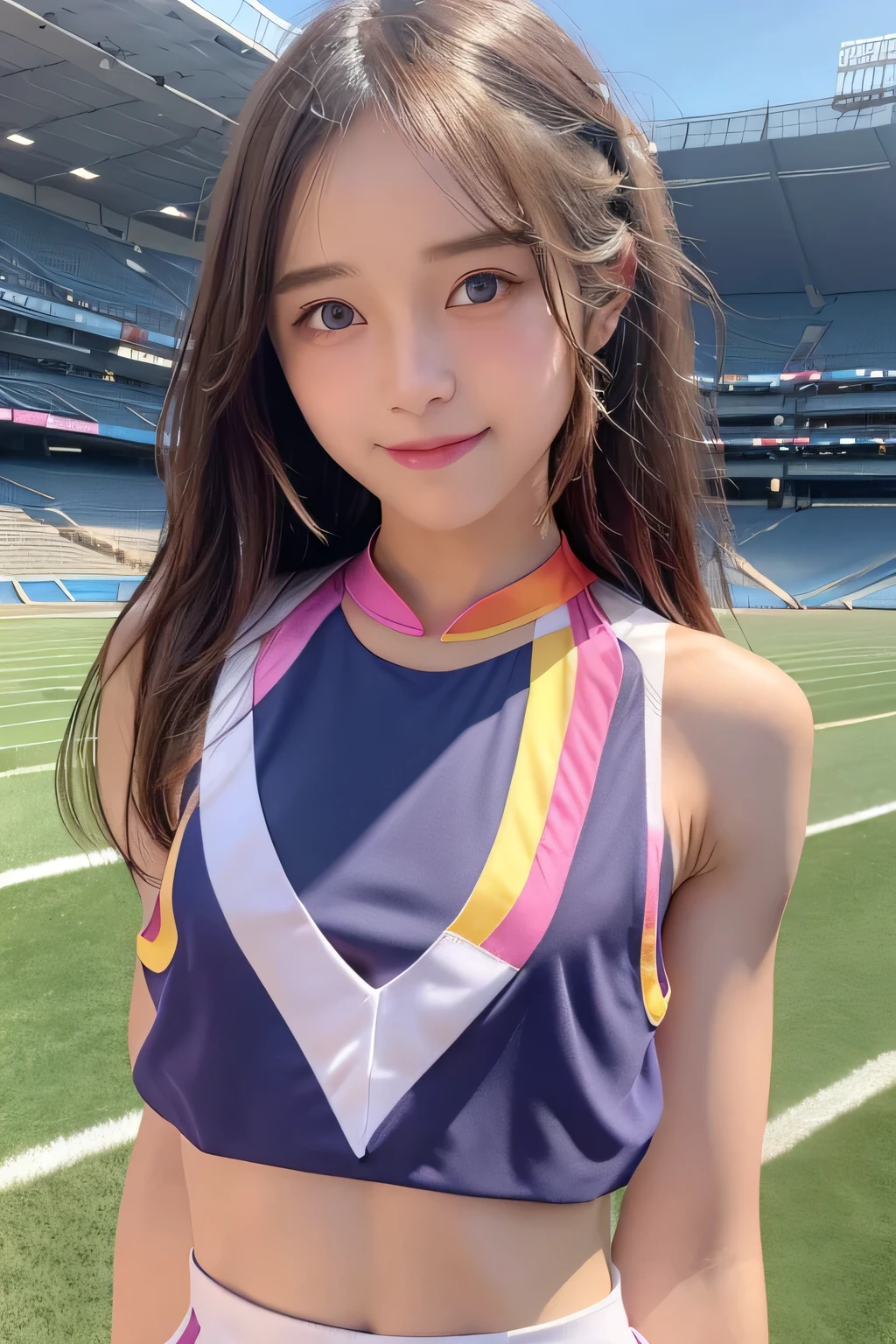 pieces fly、masterpiece、highest quality、Super detailed、High resolution、High resolution、8K portrait、unity 8k wallpaper、Detailed CG、unity 8k wallpaper、Detailed CGユニティ8kの壁紙、realistic、real person、portrait photography、shiny skin、(16 years old:1.2)、(cute:1.2)、High resolution、beautiful clear eyes、very detailed explanation、delicate face、cute face、nice lips、thin waist、thin legs、1 girl、(athletics stadium:1.5)、(flat chest:1.7)、(colorful sleeveless track and field uniform:1.5)、(abs:1.3)、(Swelling of the nipples:1.3)、(smile)、(wavy hair)、stop temporarily、(full body figure)
