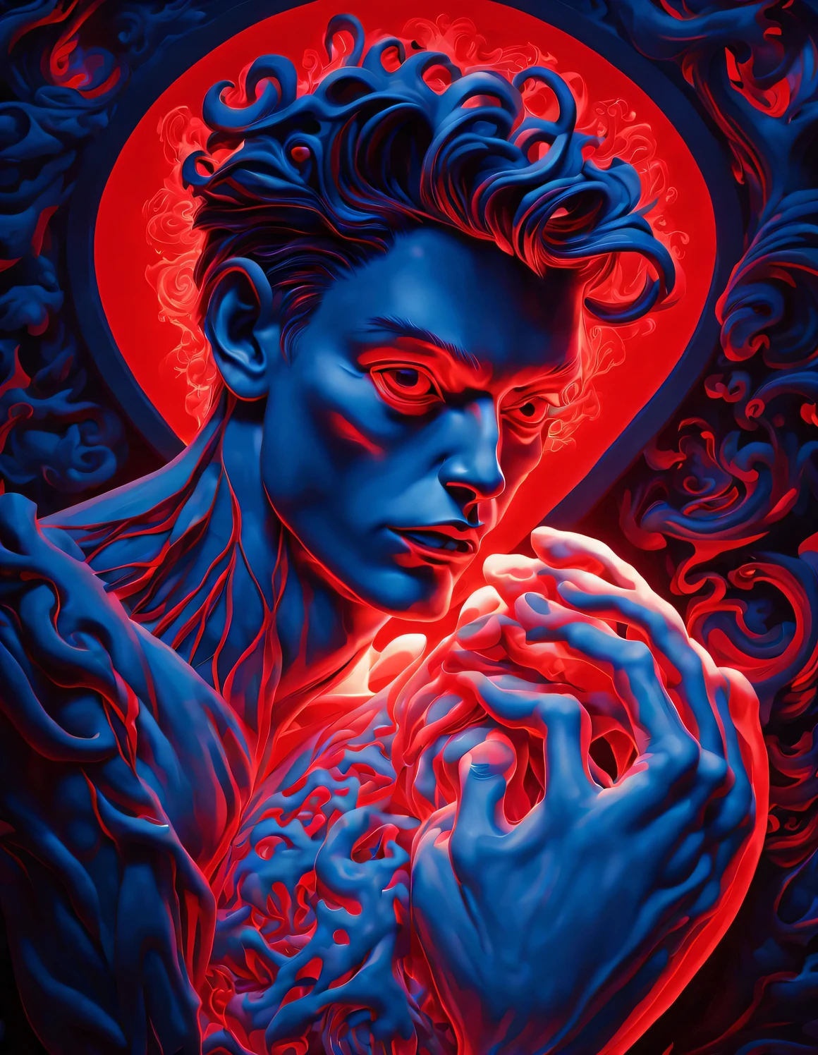 (There is a beautiful eye in the red heart:1.3)(Clear red glowing heart beating:0.85),Black light art,sharp focus,Toned muscles,Background human upper body muscles, fantasy,Reality,cartoon,3d rendering,James Jean (James Jean) super fine, Eighth Route Walker, Behavioral Contest Winners, vanity, trumpet, modern, 超Reality主义