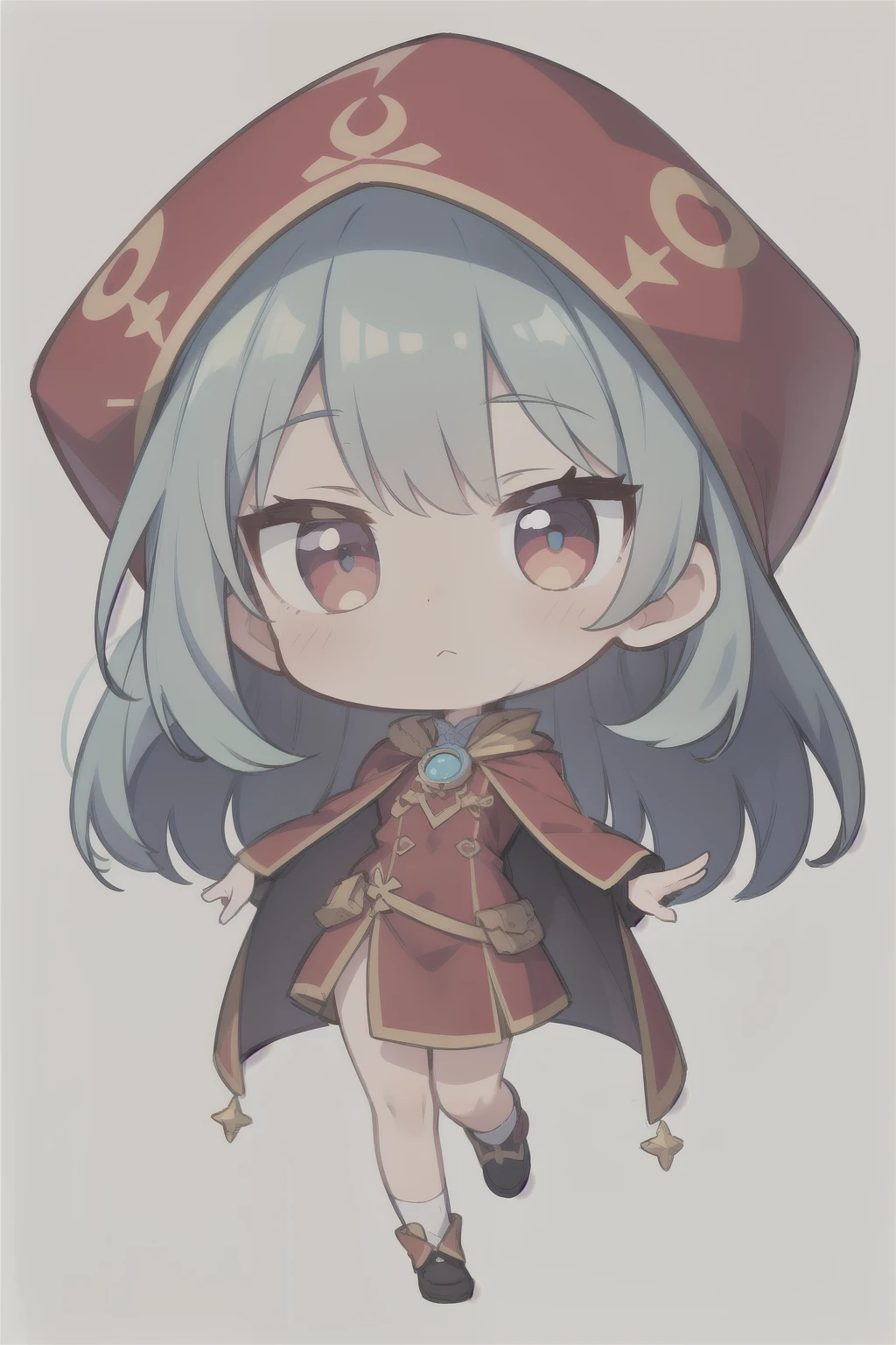 Draw a Q version cartoon image:Wearing a red cloak, girl with big eyes,full body display。White background,((best quality)), ((masterpiece)), (detailed), perfect face