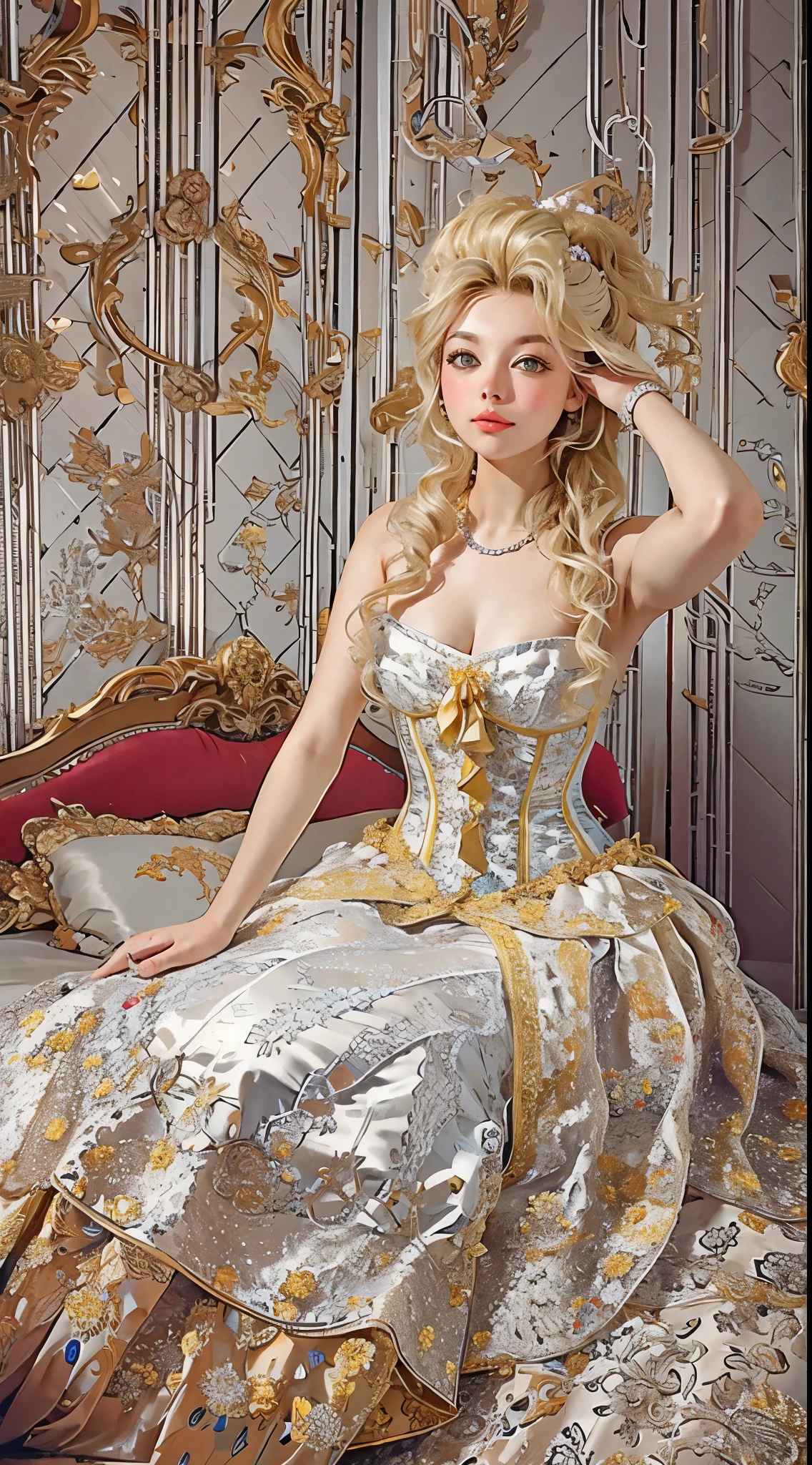 blond woman in a white dress sitting on a bed with her hands up, rococo queen, dress in the style of rococo, rococo fashion, marie antoinette, ivory rococo, elegant corset, golden corset, wearing corset, rococo style, rococo style portrait, 1 8 th century style, corsets, victorian inspired clothing, # rococo