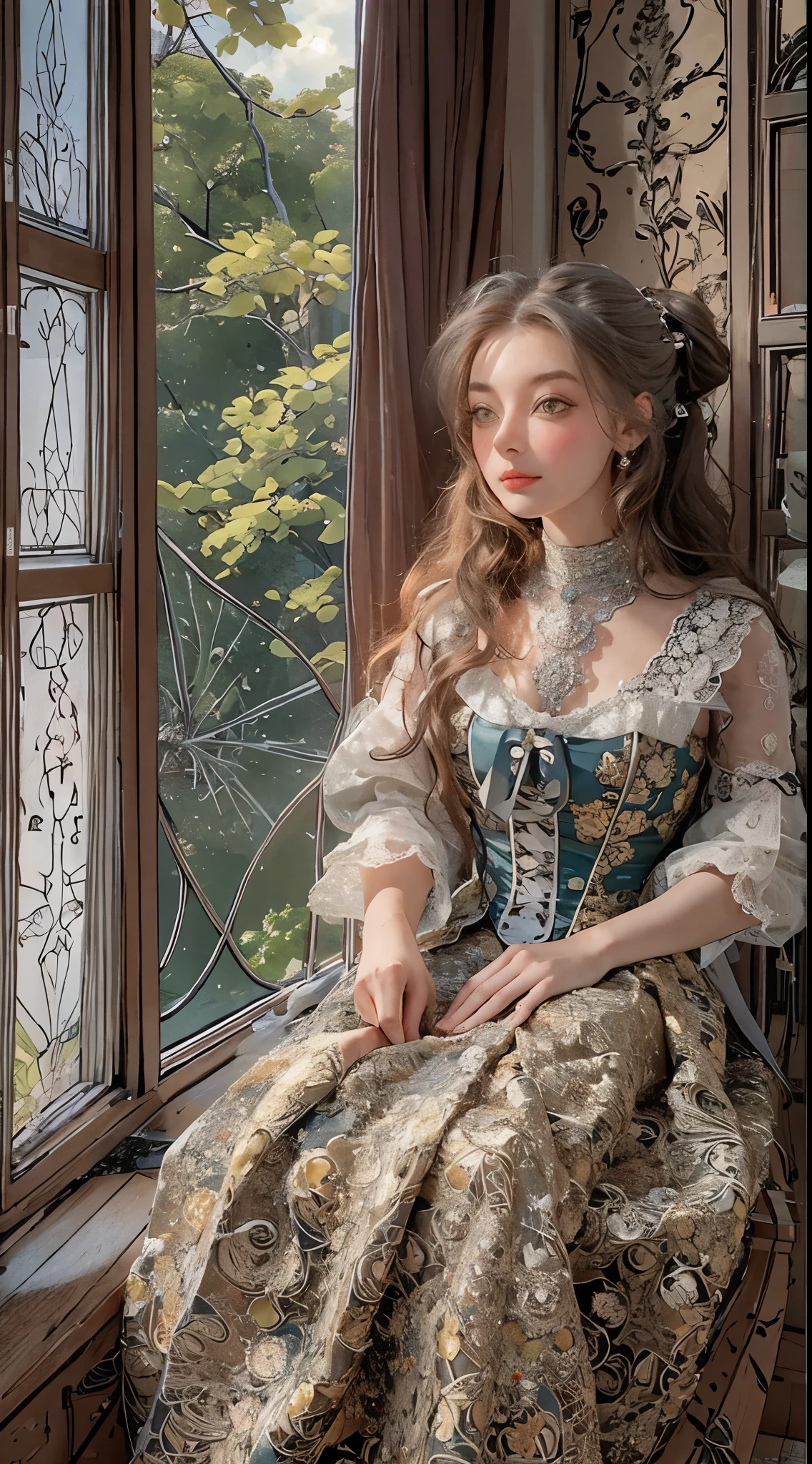 blond woman in a white dress sitting on a bed with her hands up, rococo queen, dress in the style of rococo, rococo fashion, marie antoinette, ivory rococo, elegant corset, golden corset, wearing corset, rococo style, rococo style portrait, 1 8 th century style, corsets, victorian inspired clothing, # rococo