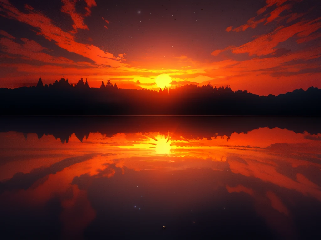 Amidst the expansive 3D space created by the artistic brushstrokes of Kimmo Mäkänen, a serene sunset unfolds. The sun, a fiery orb of radiant orange and red hues, begins to descend below the horizon, casting long, elongated shadows against the star-studded sky. Above, a blue moon rises, its ethereal glow illuminating the tranquil cosmic waters surrounding it. The water's surface expertly renders the intricate reflections of the celestial bodies above, adding a sense of depth and dimension to the breathtaking scene. In high definition 8k resolution, every detail of this space sunset