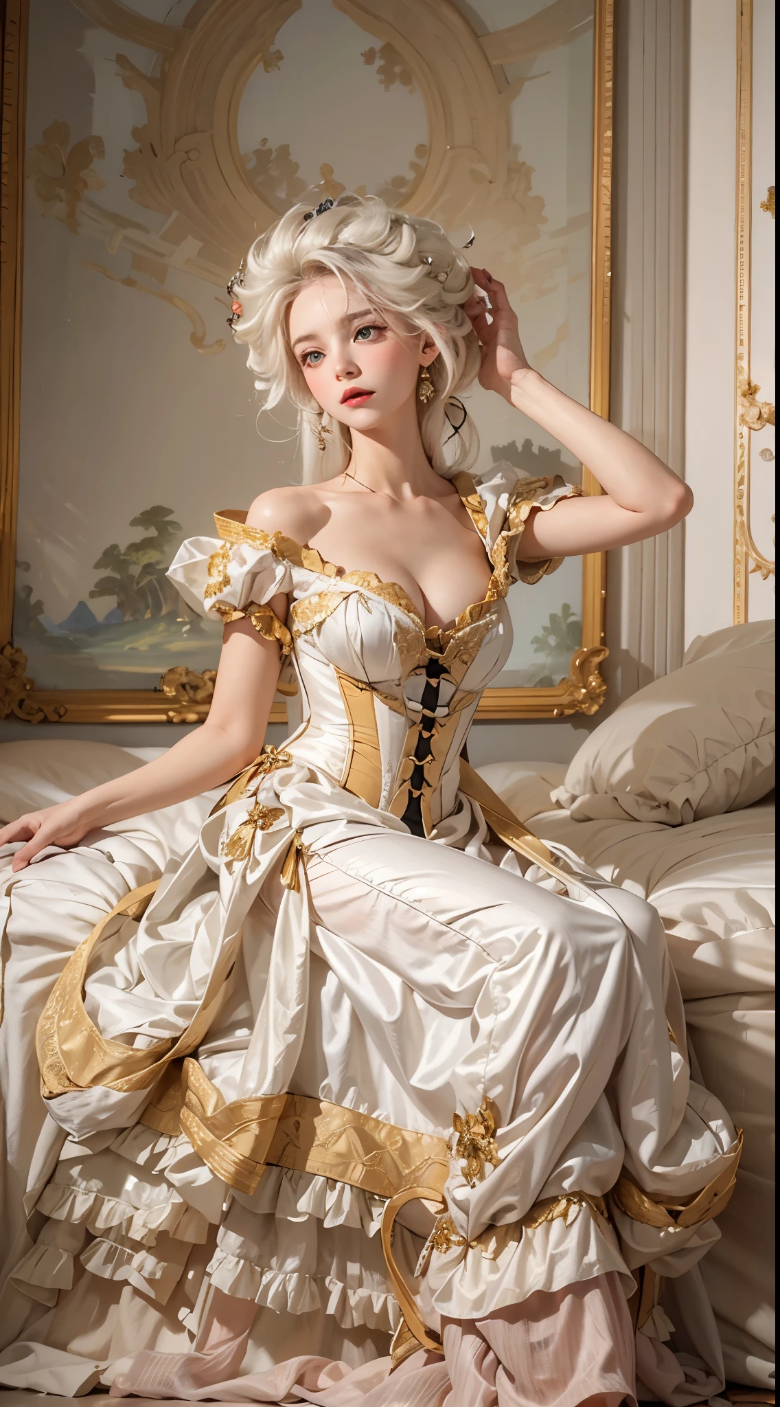 blond woman in a white dress sitting on a bed with her hands up, a photo inspired by Thomas Couture, tumblr, rococo, rococo queen, dress in the style of rococo, rococo fashion, marie antoinette, ivory rococo, elegant corset, golden corset, wearing corset, rococo style, rococo style portrait, 1 8 th century style