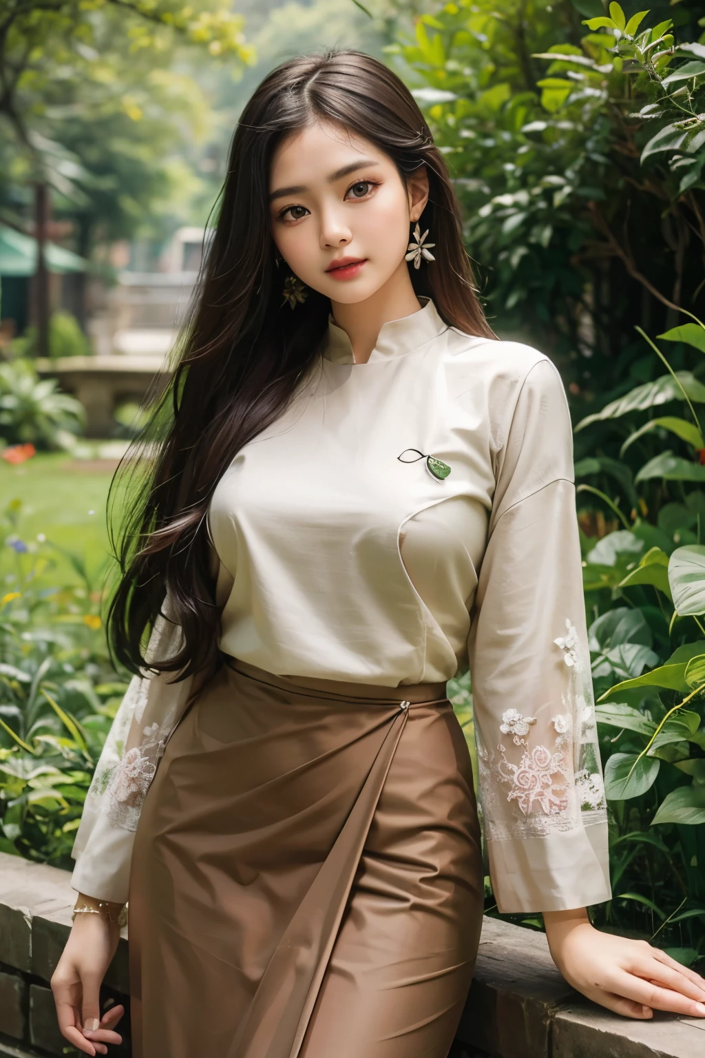 a graceful lady wearing acmm ls outfit, wearing acmm top, olive green acmm top, long sleeves, wearing acmm long skirt, olive green acmm long skirt, printed skirt , sun light, intricately detailed, garden background, 8k, full HD