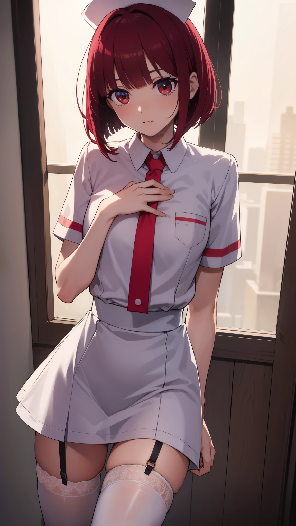 Arima maybe, Arima maybe, bob cut, (red eyes:1.5), redhead, short hair, , nurse cosplay,,hair in the wind,garter belt、thighs,knee high socks,sexy,
break looking at viewer,
break indoors, mansion,
break (masterpiece:1.2), highest quality, High resolution, unity 8k wallpaper, (shape:0.8), (beautiful and detailed eyes:1.6), highly detailed face, perfect lighting, Very detailed CG, (perfect hands, perfect anatomy),