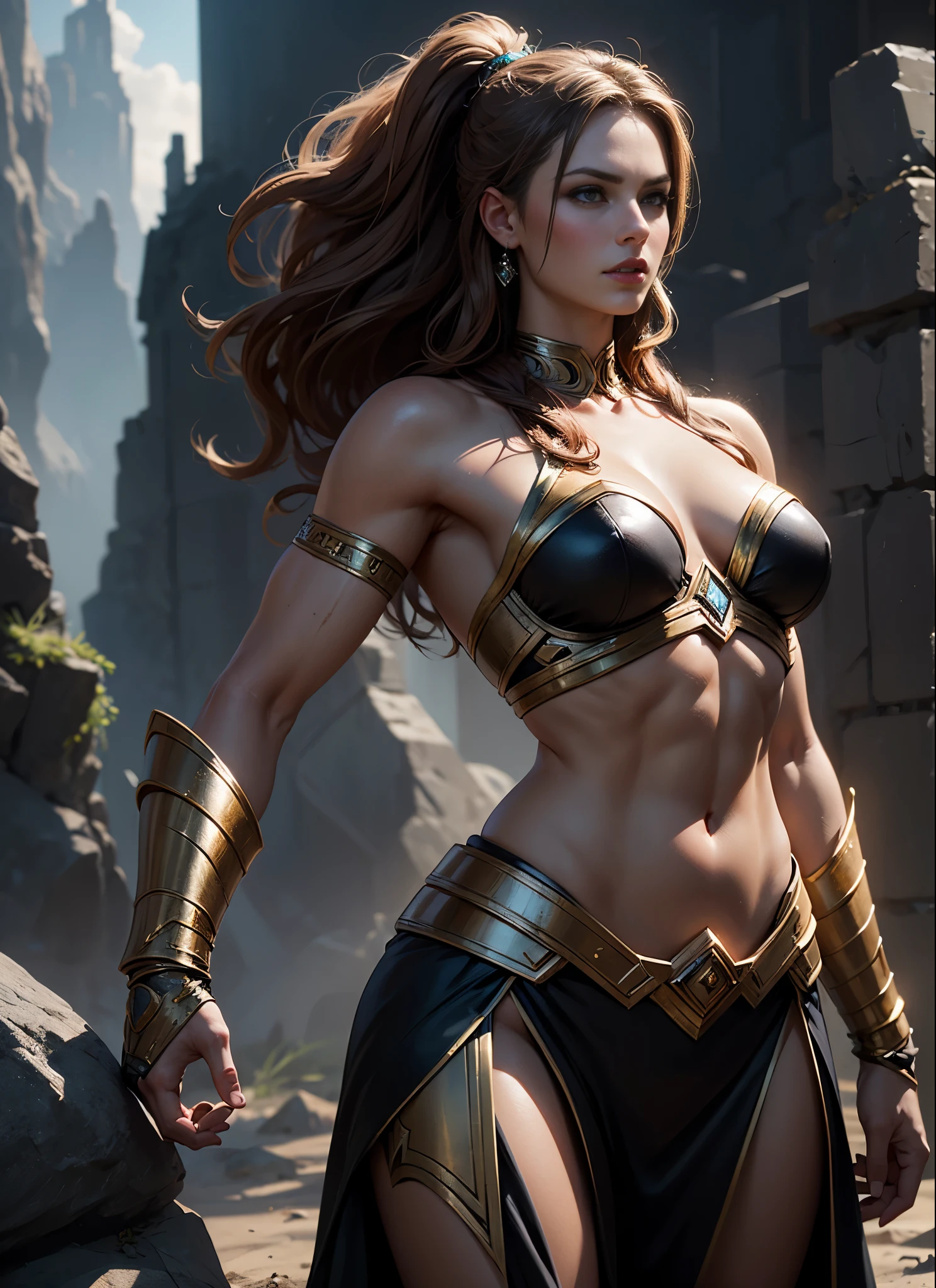 Erica Durance as a Asgard，valkyrie，Muscular woman, Senhora Cavaleiro，Anatomia correta，epic fantasy digital art，tmasterpiece，8k，high-definition resolution，desenho detalhado，Qualidade Superior，, Epic composition, músculous body