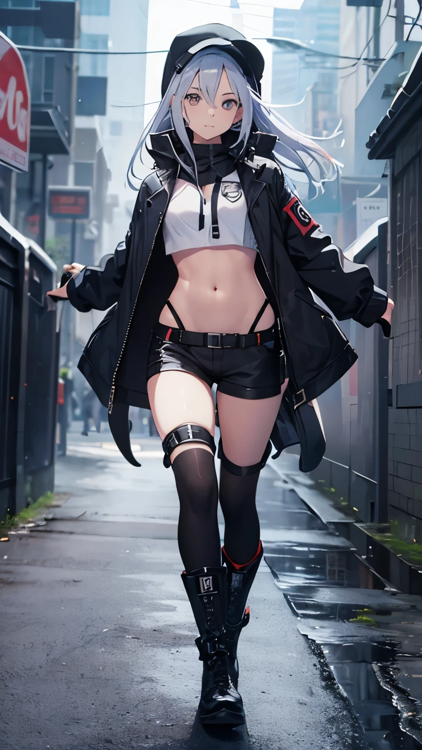 Cool girl, belly button exposed, thin legs, calf-length socks, boots, wrapped around tentacles