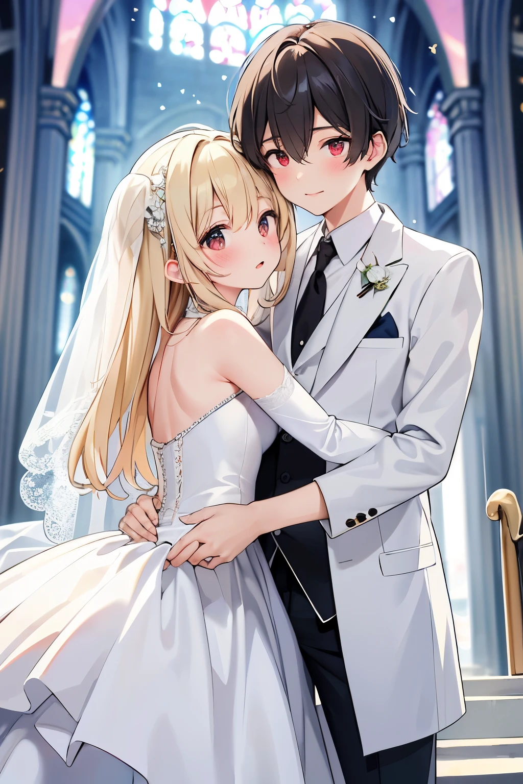 {{{masterpiece}}}, {{{best quality}}}, {{ultra-detailed}}, {nsfw}, {{an extremely delicate and beautiful、 beautiful detailed eyes}}church background,((man and woman hugging and kissing))、(man in white suit:2.0)、(blonde、half up、red eyes、small curve 1.2、cute 、Wedding dress、、)、、cinematic angle:1.5、