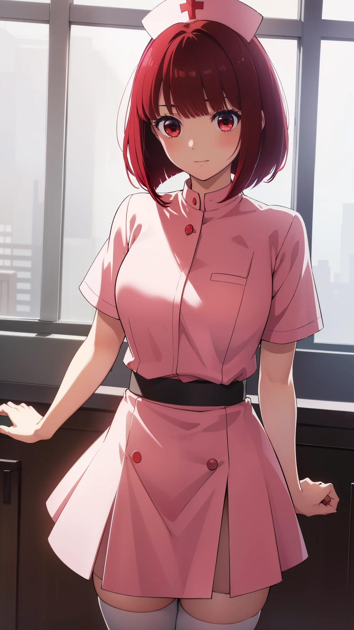 Arima maybe, Arima maybe, bob cut, (red eyes:1.5), redhead, short hair, , nurse cosplay，nurse，hair in the wind，garter、thighs，，sexy，skirt，White nurse uniform，
break looking at viewer,
break indoors, hospital,
break (masterpiece:1.2), highest quality, High resolution, unity 8k wallpaper, (shape:0.8), (beautiful and detailed eyes:1.6), highly detailed face, perfect lighting, Very detailed CG, (perfect hands, perfect anatomy),