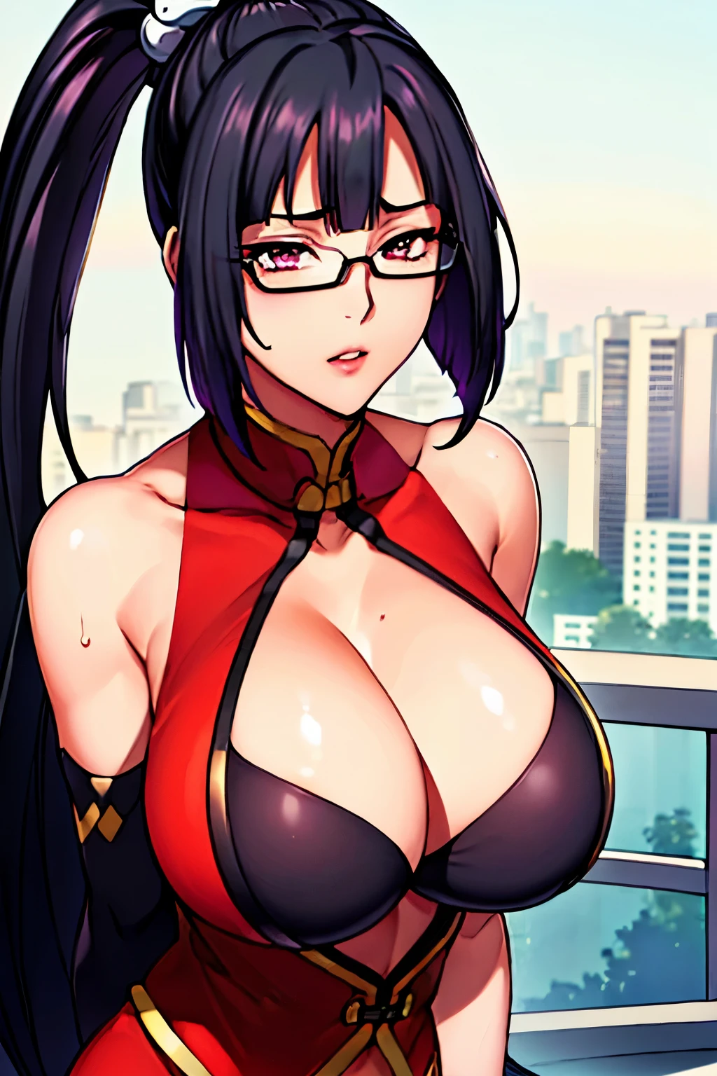 beautiful, looking at the audience, Show the whole body (:1.5), city background, Half-rimmed glasses, black hair, very long hair, ponytail,Bangs,purple Eye, , 20 years,young women,beautiful Finger,beautiful long legs,beautiful body,beautiful Nose,beautiful character design, perfect Eye, perfect Face,expressive Eye,Perfect balance, looking at the audience,(Focus on the entire body), (Innocent_big deal_Eye:1.0), official art,Extremely detailed CG unified 8k wallpaper, perfect lighting,rich and colorful, bright_front_Face_light,shiny skin, (masterpiece:1.0),(the best_quality:1.0), 超high resolution,4K,Super detailed, photography, 8k, human development report, high resolution, ridiculous:1.2, Kodak Portrait 400, film grain, Bokeh:1.2, lens flare, (energetic_color:1.2),Professional photos, (beautiful,big deal_breast:1.4), (beautiful_Face:1.5)Red and white cheongsam,sexy thighs