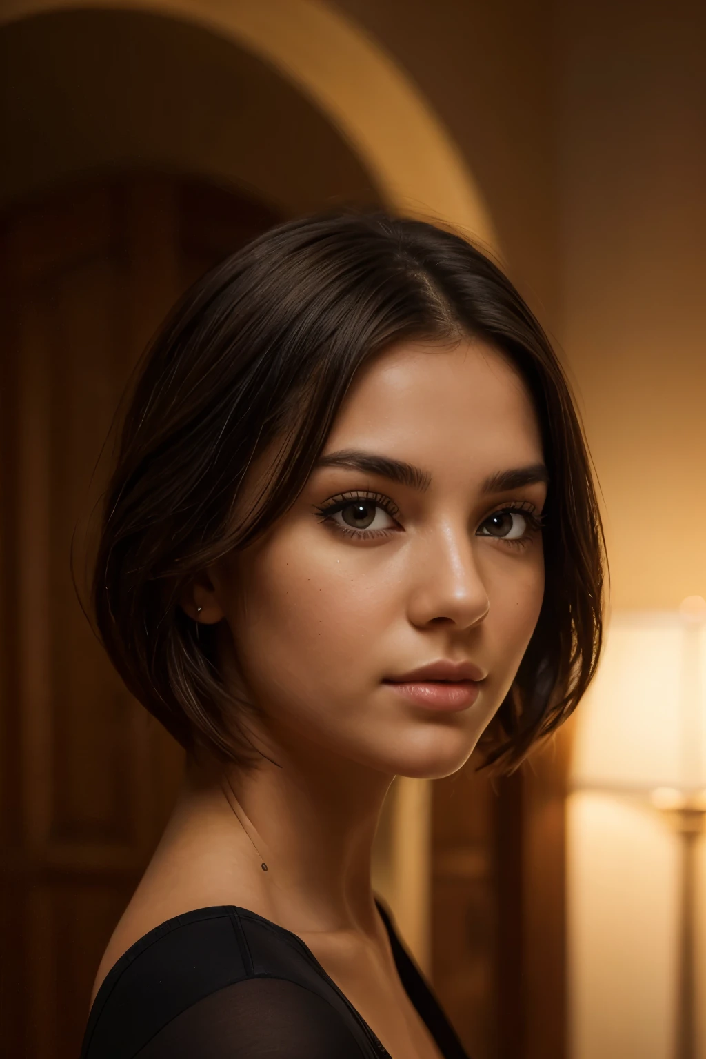 film portrait, closeu-up photo of a 25-year-old woman, 5ft tall, short female, dancer body, (dark brown hair with bob hair style), wearing (tight leggings, white v-neck top, with nametag), beautiful, curvy, gorgeous, (brown-eyed woman) eye-level, profile bottom, small breasts, grimy basement construction background, ((massage essential oils:0.4)), towels, incense smoke, detailed (textures), (highly detailed eyes, pupils captured with high resolution, showing gorgeous eye detail colors) , eyes seem to have more color than the rest of the image, contrasted, (looking at the camera), specular lighting, dslr, ultra quality, sharp focus, tack sharp, dof, film grain, (centered), Fujifilm XT3, crystal clear, center of frame, cute beautiful face, perfect arch eyebrow, professional massage, (dimly lit), low key, at night, (night sky) detailed skin pores, tan, intricate eye detail