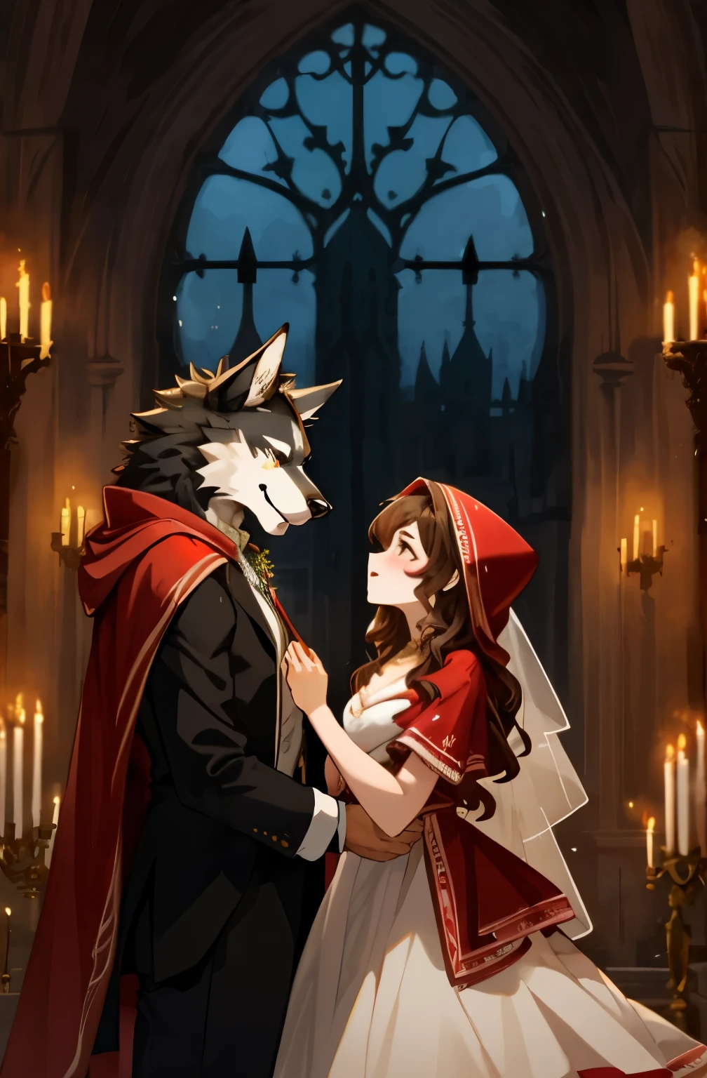 cover_page, Fairy tale wedding. Red Riding Hood, wolf man , elegant gown, hunter sharp suit, romantic, lavish decorations, ceremony, beauty and the beast, 