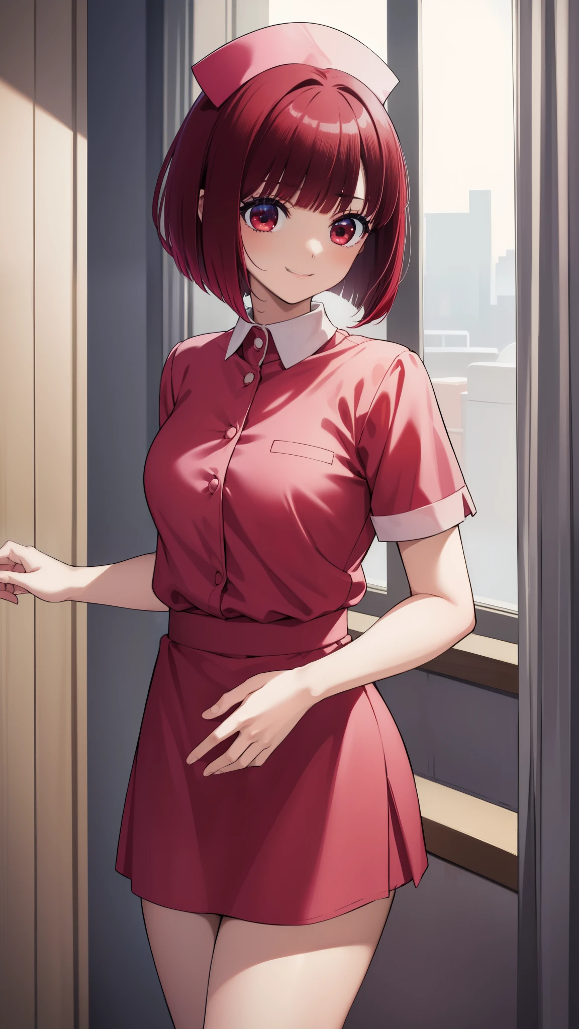 Arima maybe, Arima maybe, bob cut, (red eyes:1.5), redhead, short hair, , nurse cosplay，nurse，hair in the wind，garter、thighs，，，skirt，White nurse uniform，smile，whole body，
breaking looking at viewer,
destroy indoors, hospital,
, highest quality, High resolution, 8k wallpaper, , (beautiful and detailed eyes:1.6), highly detailed face, perfect lighting, Very detailed CG, (perfect hands, perfect anatomy),