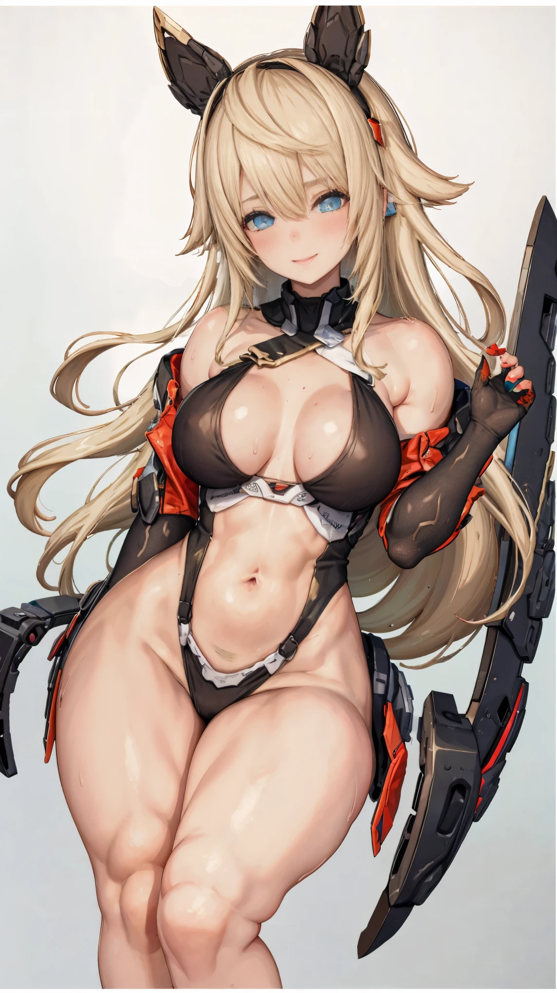 super breasts、blonde hair、thick thighs、8K, 4K, highest quality, High resolution: 1.2)、cute anime face、noise removal、full body portrait、blue eyes、gentle smile、Round、nude、T-back that digs into your butt、emphasis on the buttocks、Wearing a headband