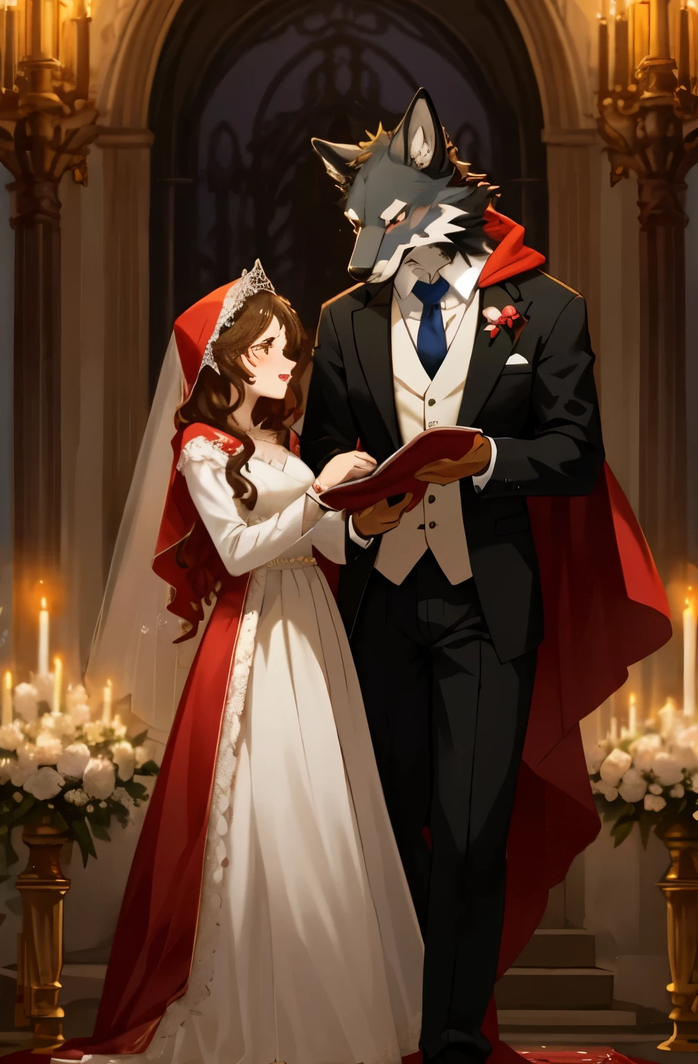cover_page, Fairy tale wedding. Red Riding Hood, wolf man , elegant gown, hunter sharp suit, romantic, lavish decorations, ceremony, beauty and the beast,
