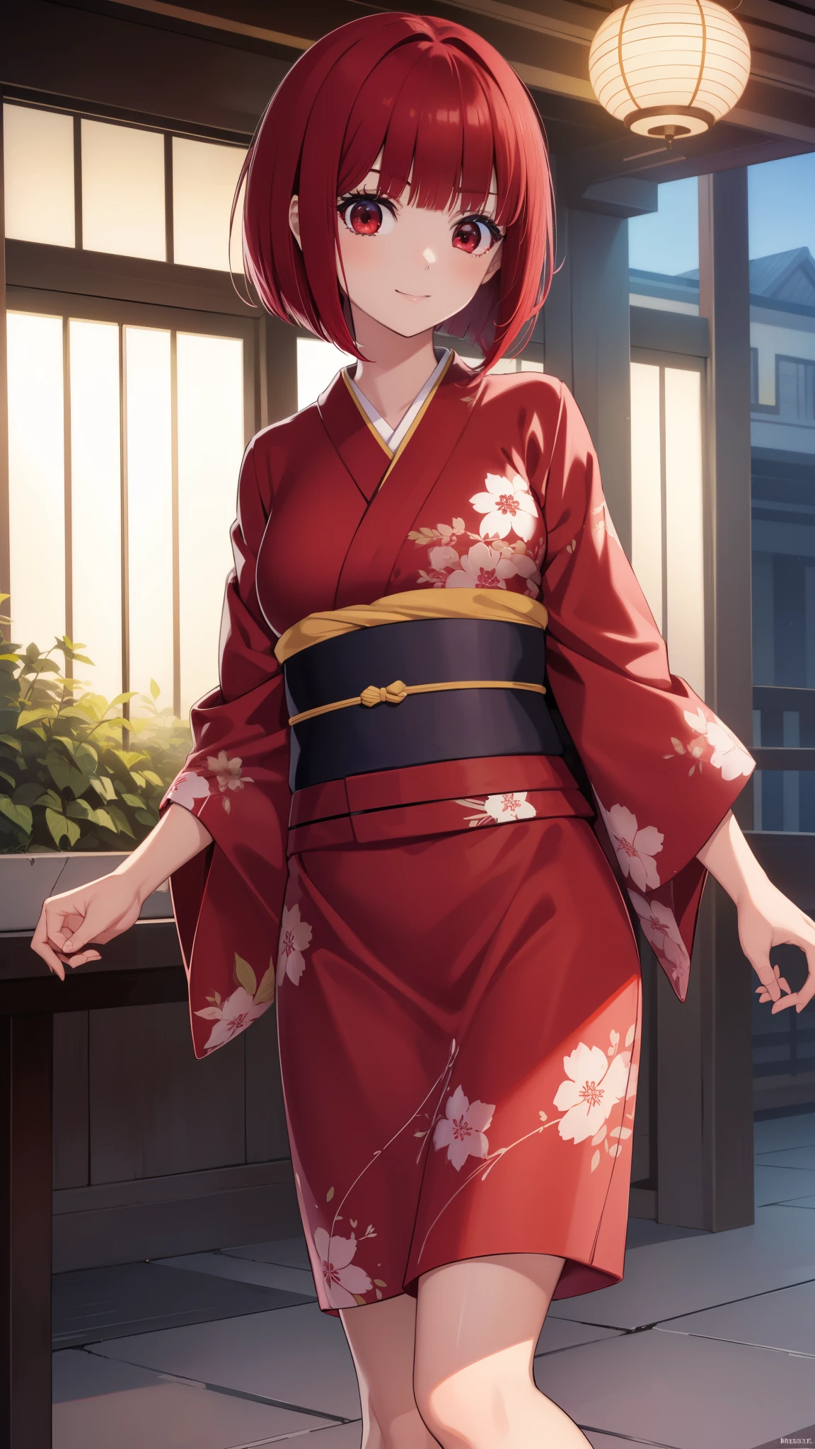 Arima maybe, Arima maybe, bob cut, (red eyes:1.5), redhead, short hair, , ,,hair in the wind,kimono,,hair ornaments,geta,,yukata,smile,whole body,
breaking looking at viewer,
destroy indoors, Summer festival,
, highest quality, High resolution, 8k wallpaper, , (beautiful and detailed eyes:1.6), highly detailed face, perfect lighting, Very detailed CG, (perfect hands, perfect anatomy),