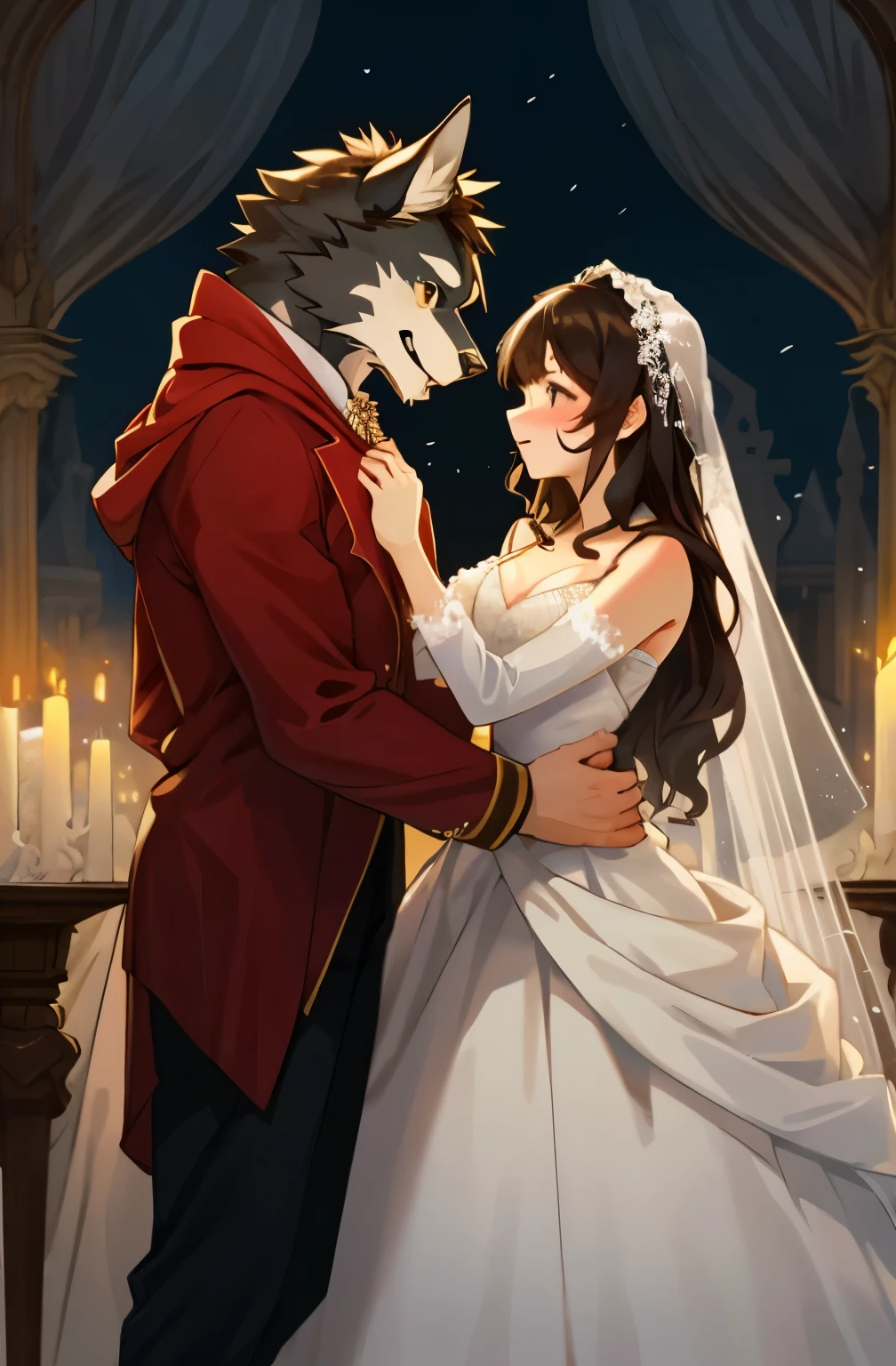 cover_page, Fairy tale wedding. Red Riding Hood, wolf man , elegant gown, hunter sharp suit, romantic, lavish decorations, ceremony, beauty and the beast,