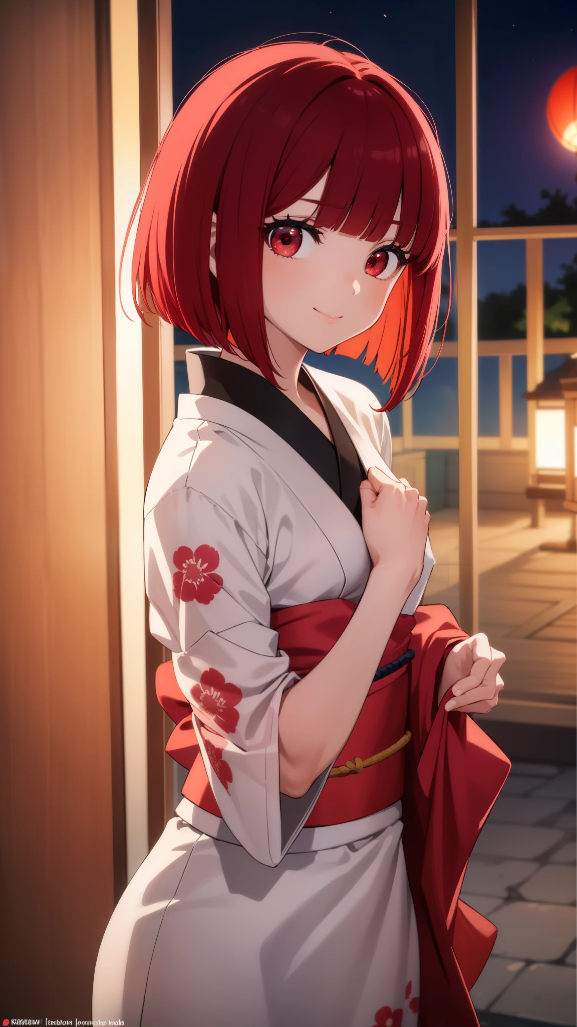 Arima maybe, Arima maybe, bob cut, (red eyes:1.5), redhead, short hair, , ，，hair in the wind，kimono，，hair ornaments，geta，，yukata，smile，whole body，
breaking looking at viewer,
destroy indoors, Summer festival,
, highest quality, High resolution, 8k wallpaper, , (beautiful and detailed eyes:1.6), highly detailed face, perfect lighting, Very detailed CG, (perfect hands, perfect anatomy),