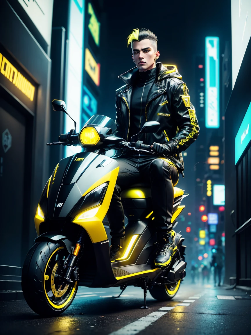 (Cyberpunk digital neon art), a man, yellow jacket with black stripes written "maxim", black trousers, black and white boots, riding a futuristic automatic scooter (black with yellow stripes) parked on a futuristic city street