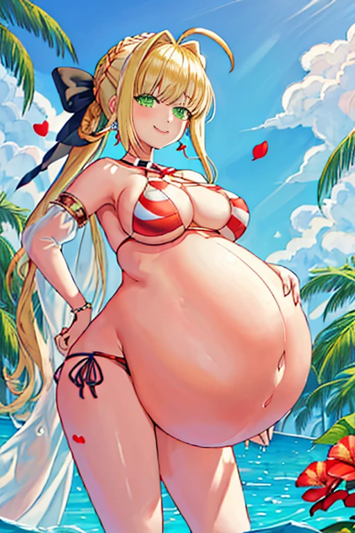 best quality, masterpiece, highres, solo, {nero_claudius_fgo:1.15}, blonde_hair, ahoge, green_eyes, hair_intakes, breasts, bangs, smile, large_breasts, blush, cleavage, braid, hair_between_eyes, long_hair, 1girl, bare_shoulders, bikini, blue_sky, closed_mouth, criss-cross_halter, day, earrings, halterneck, jewelry, looking_at_viewer, red_bikini, ribbon, sky, sling_bikini_top, striped, striped_bikini, swimsuit, cloud, hair_ribbon, outdoors, arm_behind_head, arm_up, flower, hair_flower, hair_ornament, navel, see-through, upper_body, water_drop, sexy, vore, big belly, large belly, vore belly, (vore belly:1.6), (large belly:1.4), good belly