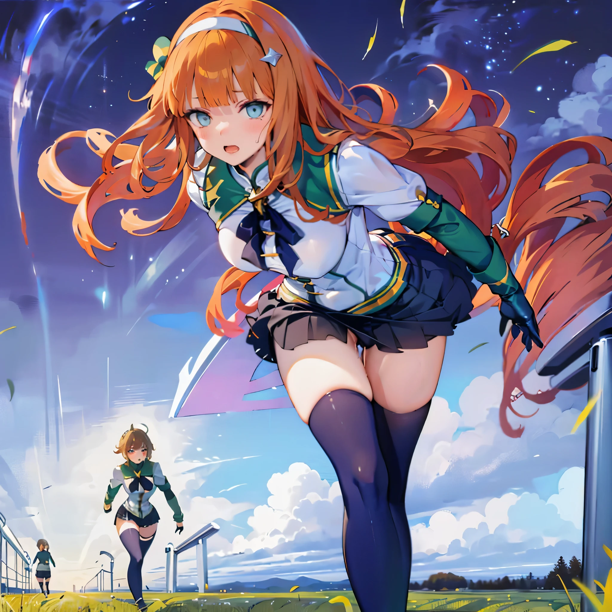 solo 1 girl (running at grass field), landscape, (too short miniskirt:1.2), (huge perky breasts:1.3), bouncing breasts, short torso, inconceivably thin waist, skirt lifted by wind, (thin long legs), nose blush, open mouth, (nsfw), heavy breathing, orgasm, excessive pussy juice