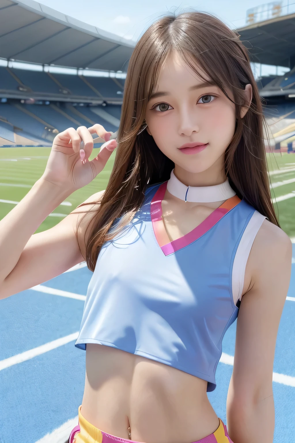 pieces fly、masterpiece、highest quality、Super detailed、High resolution、High resolution、8K portrait、unity 8k wallpaper、Detailed CG、unity 8k wallpaper、Detailed CGユニティ8kの壁紙、realistic、real person、portrait photography、shiny skin、(:1.2)、(cute:1.2)、High resolution、beautiful clear eyes、very detailed explanation、delicate face、cute face、nice lips、thin waist、thin legs、1 girl、(athletics stadium:1.5)、(flat chest:1.7)、(colorful sleeveless track and field uniform:1.5)、(abs:1.3)、(My nipples stick to my clothes:1.4)、(smile)、(wavy hair)、(full body figure)、(stop temporarily)