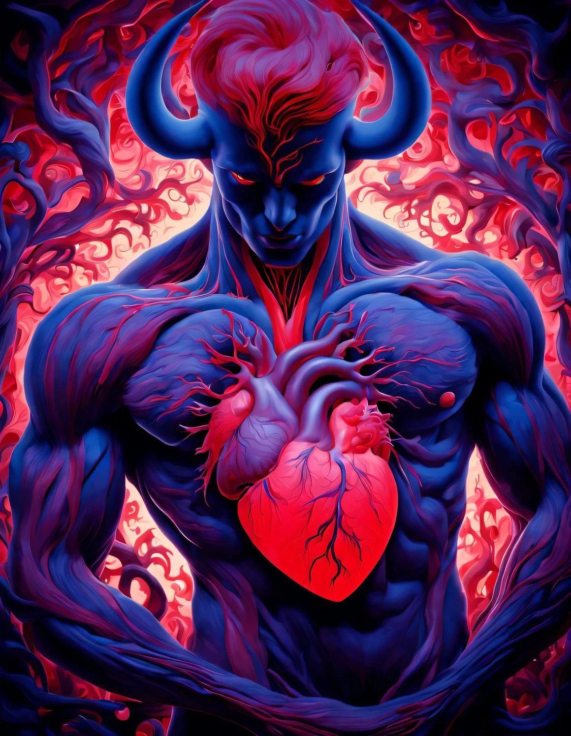 (Anatomy of a Red Heart, There is an eye in the ventricle),Black light art,sharp focus,Toned muscles,Background human upper body muscles, fantasy,Reality,cartoon,3d rendering,James Jean (James Jean) super fine, Eighth Route Walker, Behavioral Contest Winners, vanity, trumpet, modern, 超Reality主义