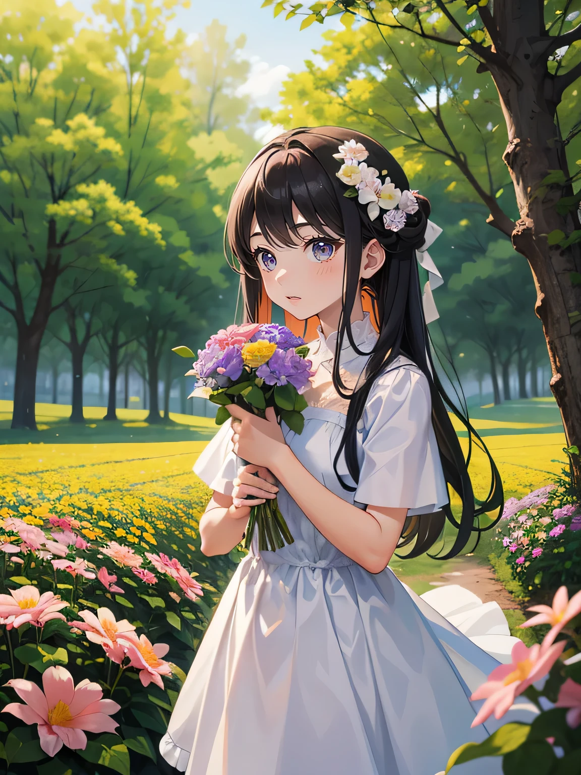 There is a girl in a red and white dress holding a bouquet of flowers, Girl in the flowers, Pick flowers, holding flowers, choose a flower, 站在girl in a flower field, 站在girl in a flower field, Inherit the flowers on the cheeks of the human face, girl in a flower field, girl in a flower field肖像, Girl walking in the forest, girl wearing flowers
