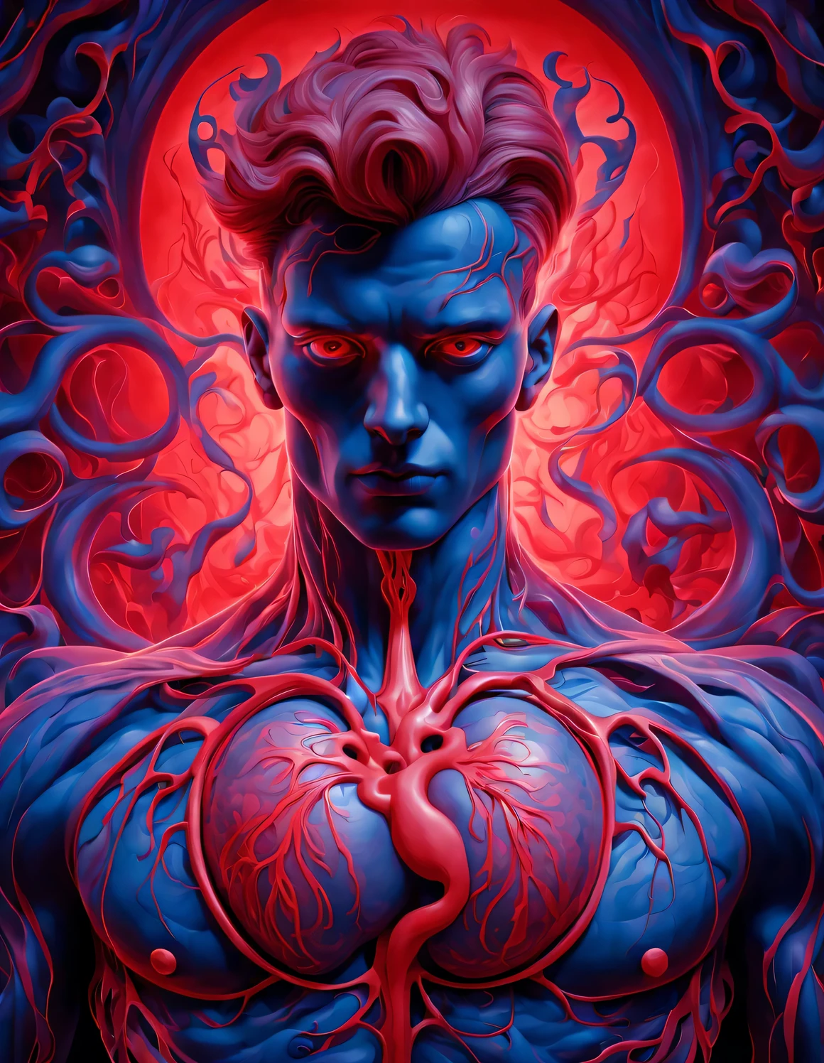 (Anatomy of a Red Heart, There is an eye in the ventricle),Black light art,sharp focus,Toned muscles,Background human upper body muscles, fantasy,Reality,cartoon,3d rendering,James Jean (James Jean) super fine, Eighth Route Walker, Behavioral Contest Winners, vanity, trumpet, modern, 超Reality主义