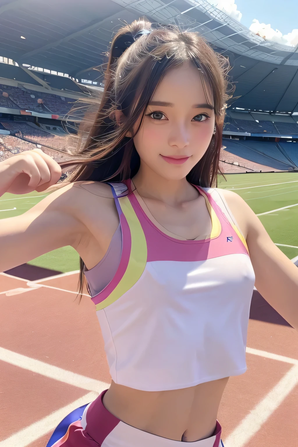 pieces fly、masterpiece、highest quality、Super detailed、High resolution、High resolution、8K portrait、unity 8k wallpaper、Detailed CG、unity 8k wallpaper、Detailed CGユニティ8kの壁紙、realistic、real person、portrait photography、shiny skin、(:1.2)、(cute:1.2)、High resolution、beautiful clear eyes、very detailed explanation、delicate face、cute face、nice lips、thin waist、thin legs、1 girl、(athletics stadium:1.5)、(flat chest:1.7)、(colorful sleeveless track and field uniform:1.5)、(abs:1.3)、(My nipples stick to my clothes:1.4)、(smile)、(wavy hair)、(full body figure)、(stop temporarily)