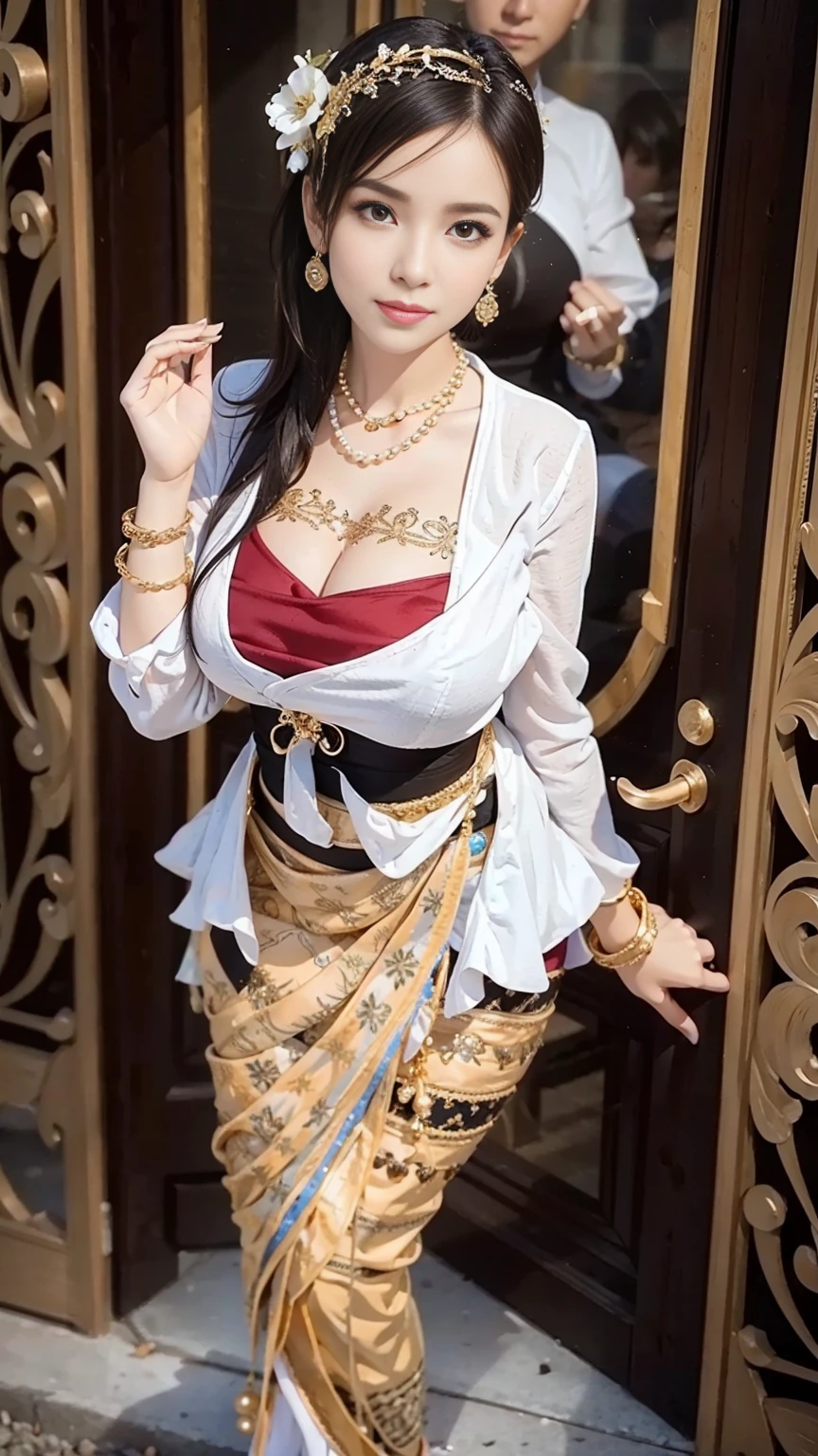 Sexy woman, Black hair tied into a bun, smoky eyes, Eyeliner, blush, The fairest skin, Plump face, soft lips, blouse detailed with gold, White saree with gold border, Nailed to the wall,Breast sagging and cleavage showing