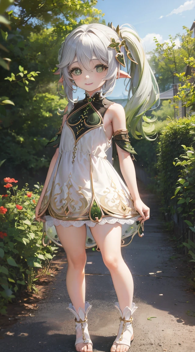 Nahida,,child, flat chest, standing, full body, thick thigh ,nudes, chemise,high-waisted skirt,good eyes,Smiling softly, no underwear, perfect body ratio