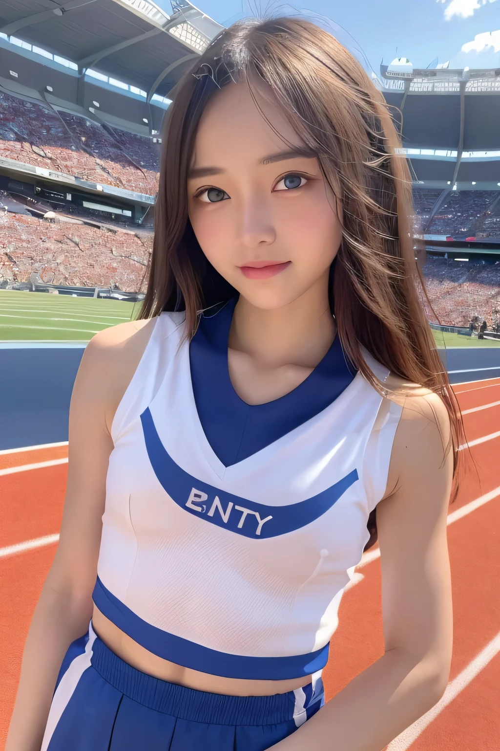 pieces fly、masterpiece、highest quality、Super detailed、High resolution、High resolution、8K portrait、unity 8k wallpaper、Detailed CG、unity 8k wallpaper、Detailed CGユニティ8kの壁紙、realistic、real person、portrait photography、shiny skin、(:1.2)、(cute:1.2)、High resolution、beautiful clear eyes、very detailed explanation、delicate face、cute face、nice lips、thin waist、thin legs、1 girl、(athletics stadium:1.5)、(flat chest:1.7)、(colorful sleeveless track and field uniform:1.5)、(abs:1.3)、(My nipples stick to my clothes:1.4)、(smile)、(wavy hair)、(full body figure)、(stop temporarily)