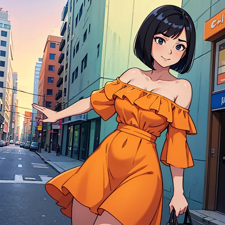 a woman posing on the street corner with orange dress on, best quality, 1 girl, large breast, bare shoulders, bare arms, day, bright, blur background, outdoor, (street:0.8), (off-shoulder dress:1.2), gorgeous, beautiful detailed sky, (dynamic pose:1.2), (black hair:1.2), (bob cut:1.2), soft lighting, smile, shiny skin, (upper body:0.8), City background